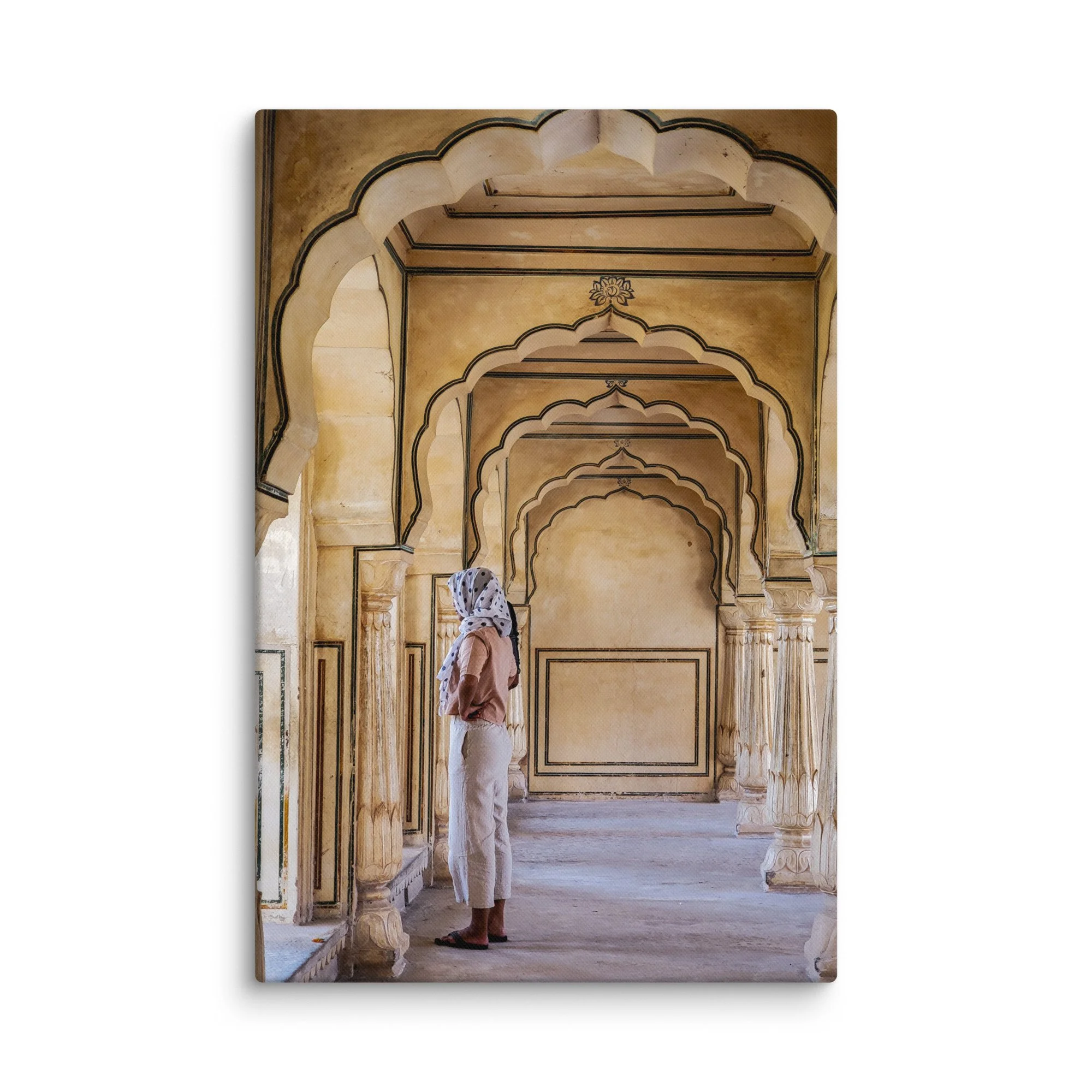 Contemplative figure in grand Mughal arched corridor at Agra Fort with intricate sandstone details – India heritage travel photography canvas print wall art decor