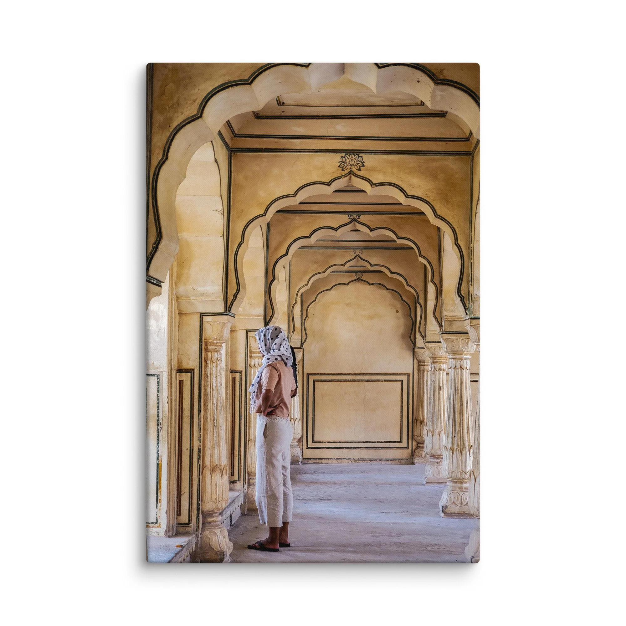 Contemplative figure in grand Mughal arched corridor at Agra Fort with intricate sandstone details – India heritage travel photography canvas print wall art decor