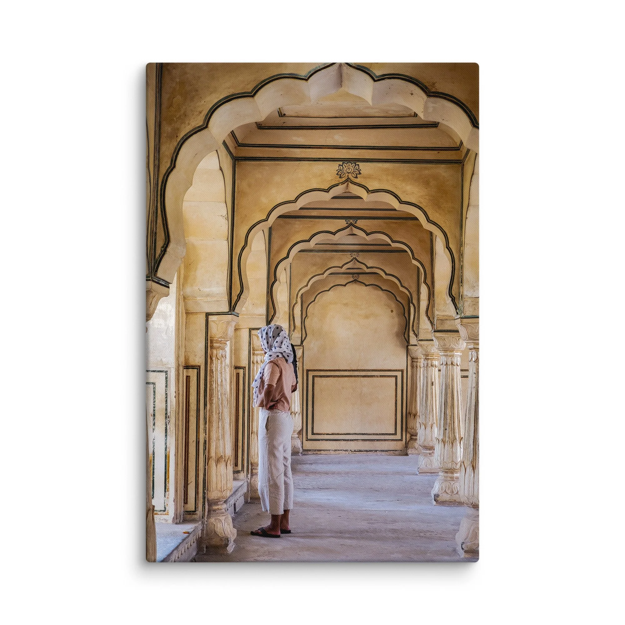 Contemplative figure in grand Mughal arched corridor at Agra Fort with intricate sandstone details – India heritage travel photography canvas print wall art decor