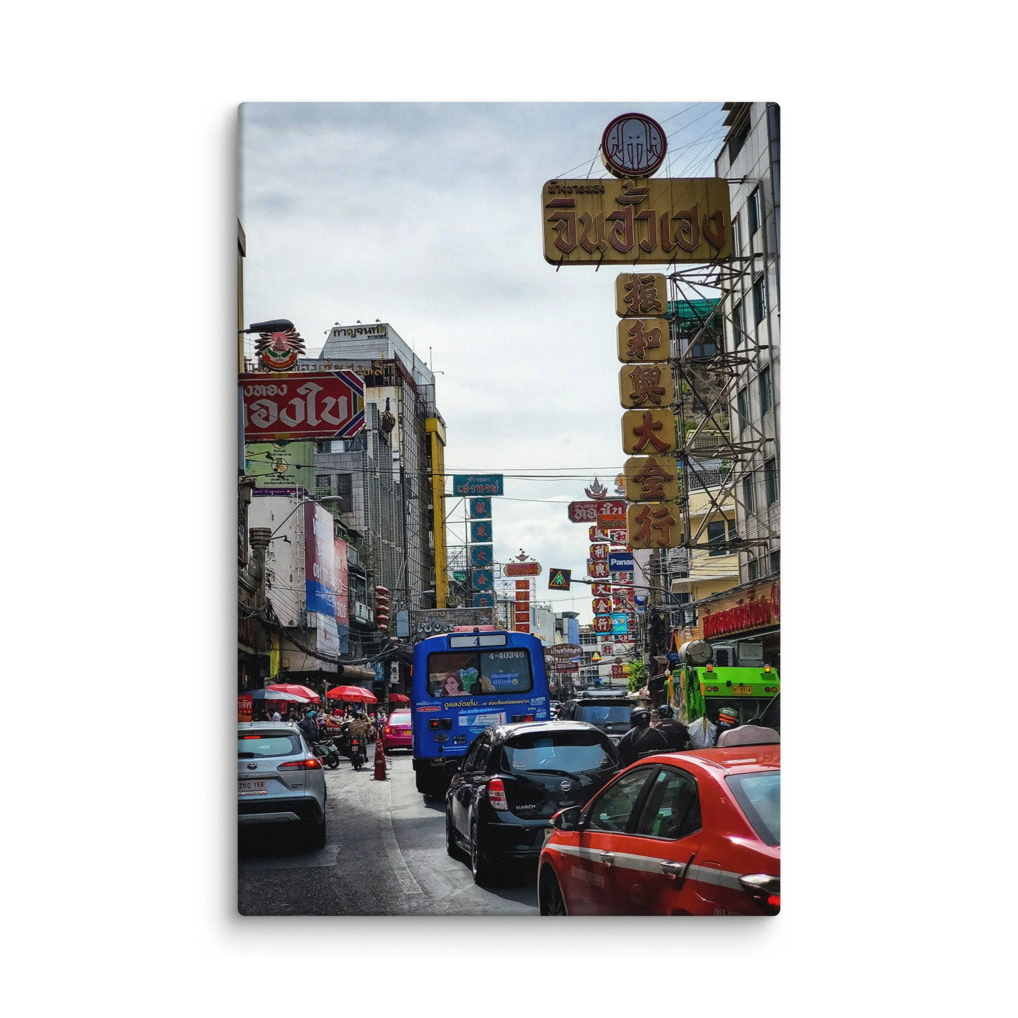 Golden sunset over bustling Delhi Paharganj street market with footbridge staircase, traffic, vendors and crowds – authentic India travel photography canvas print wall art decor
