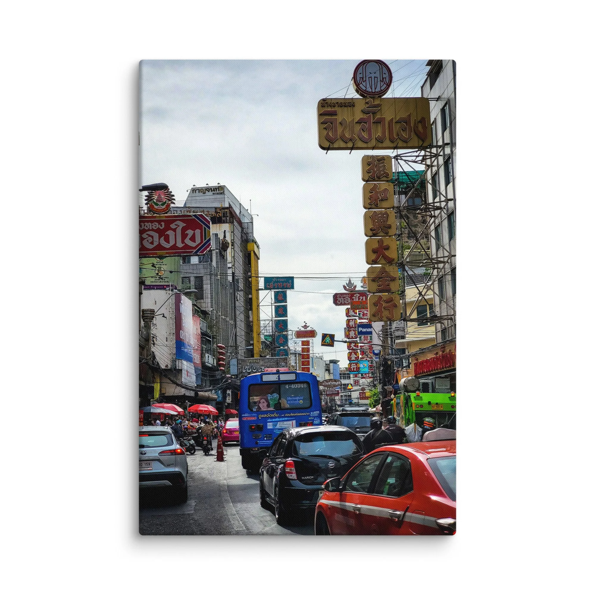 Golden sunset over bustling Delhi Paharganj street market with footbridge staircase, traffic, vendors and crowds – authentic India travel photography canvas print wall art decor