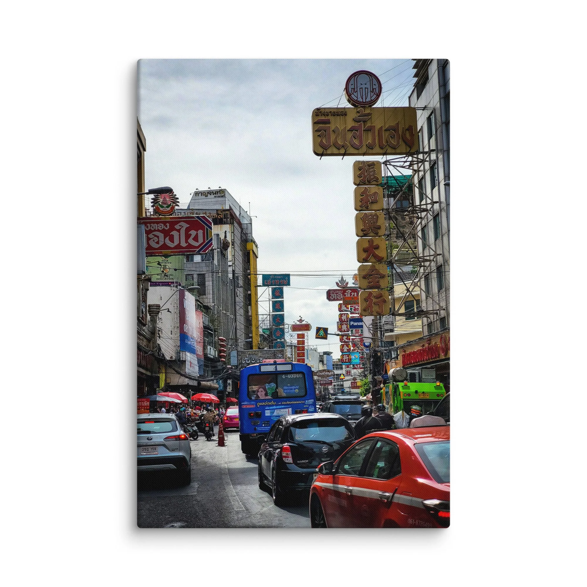 Golden sunset over bustling Delhi Paharganj street market with footbridge staircase, traffic, vendors and crowds – authentic India travel photography canvas print wall art decor