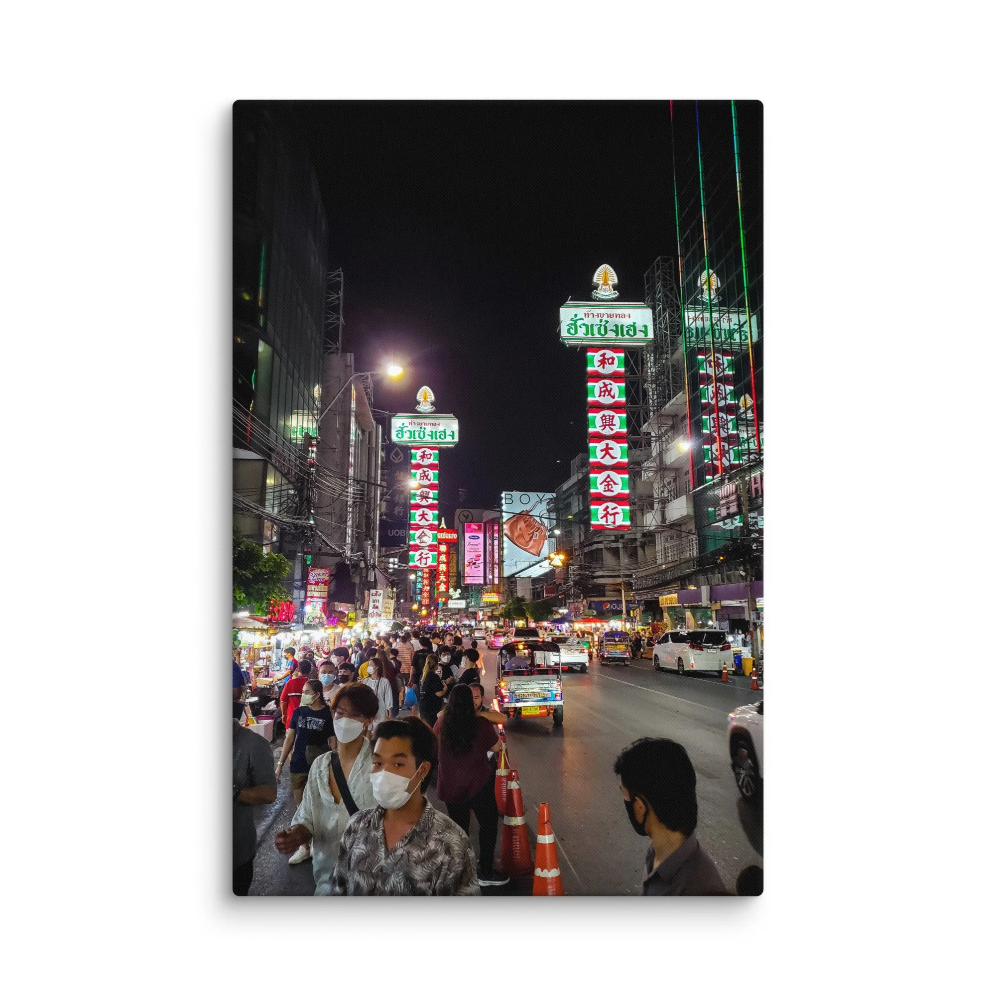 Vibrant nighttime Yaowarat Chinatown Bangkok with multicolored neon signs, crowds and bustling street energy – Thailand neon travel photography canvas print wall art decor