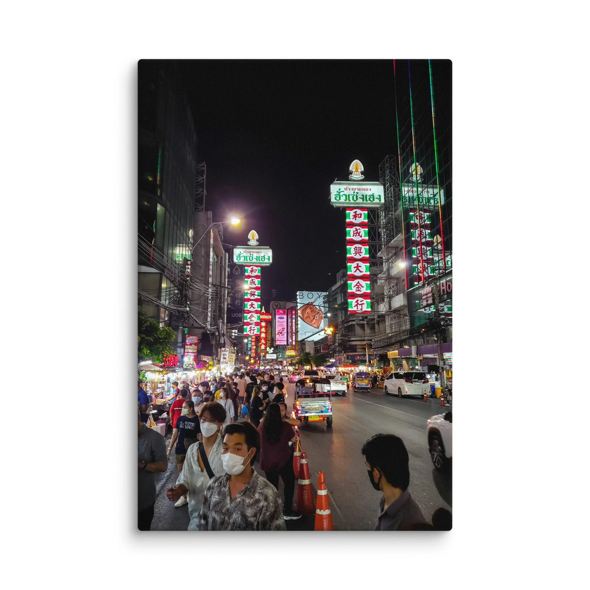 Vibrant nighttime Yaowarat Chinatown Bangkok with multicolored neon signs, crowds and bustling street energy – Thailand neon travel photography canvas print wall art decor