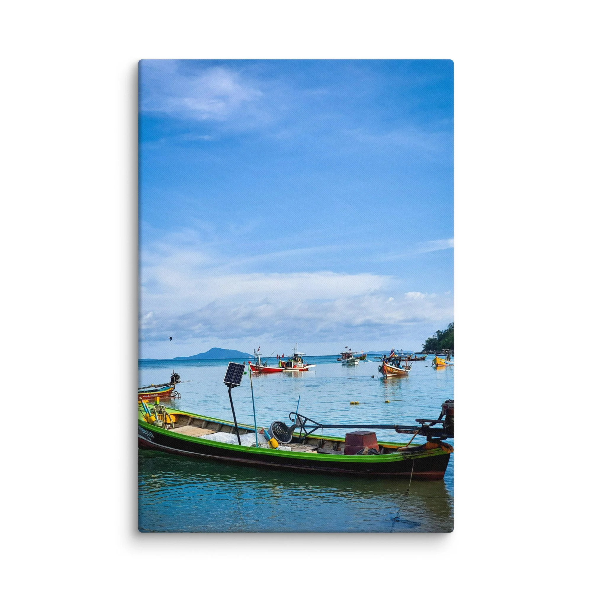 Serene Thai island pier with colorful longtail boats, gentle waves and green hills under cloudy sky – authentic Thailand travel photography canvas print wall art decor