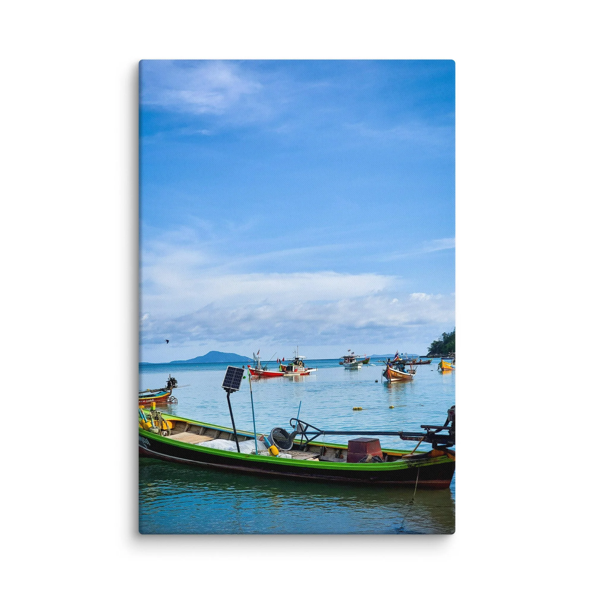 Serene Thai island pier with colorful longtail boats, gentle waves and green hills under cloudy sky – authentic Thailand travel photography canvas print wall art decor
