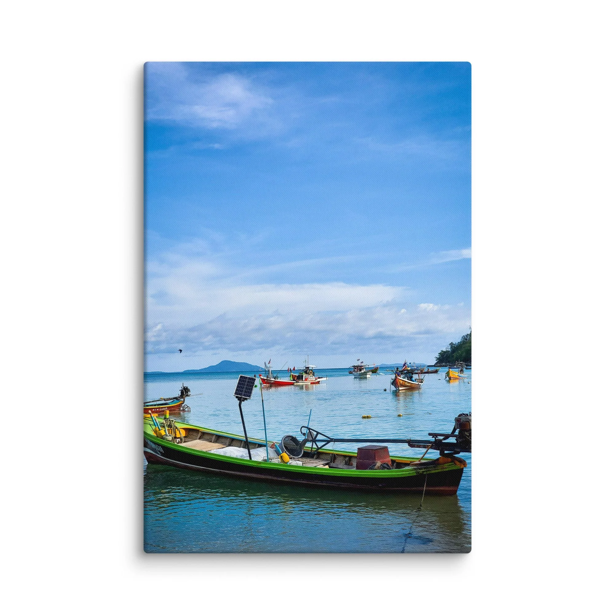 Serene Thai island pier with colorful longtail boats, gentle waves and green hills under cloudy sky – authentic Thailand travel photography canvas print wall art decor