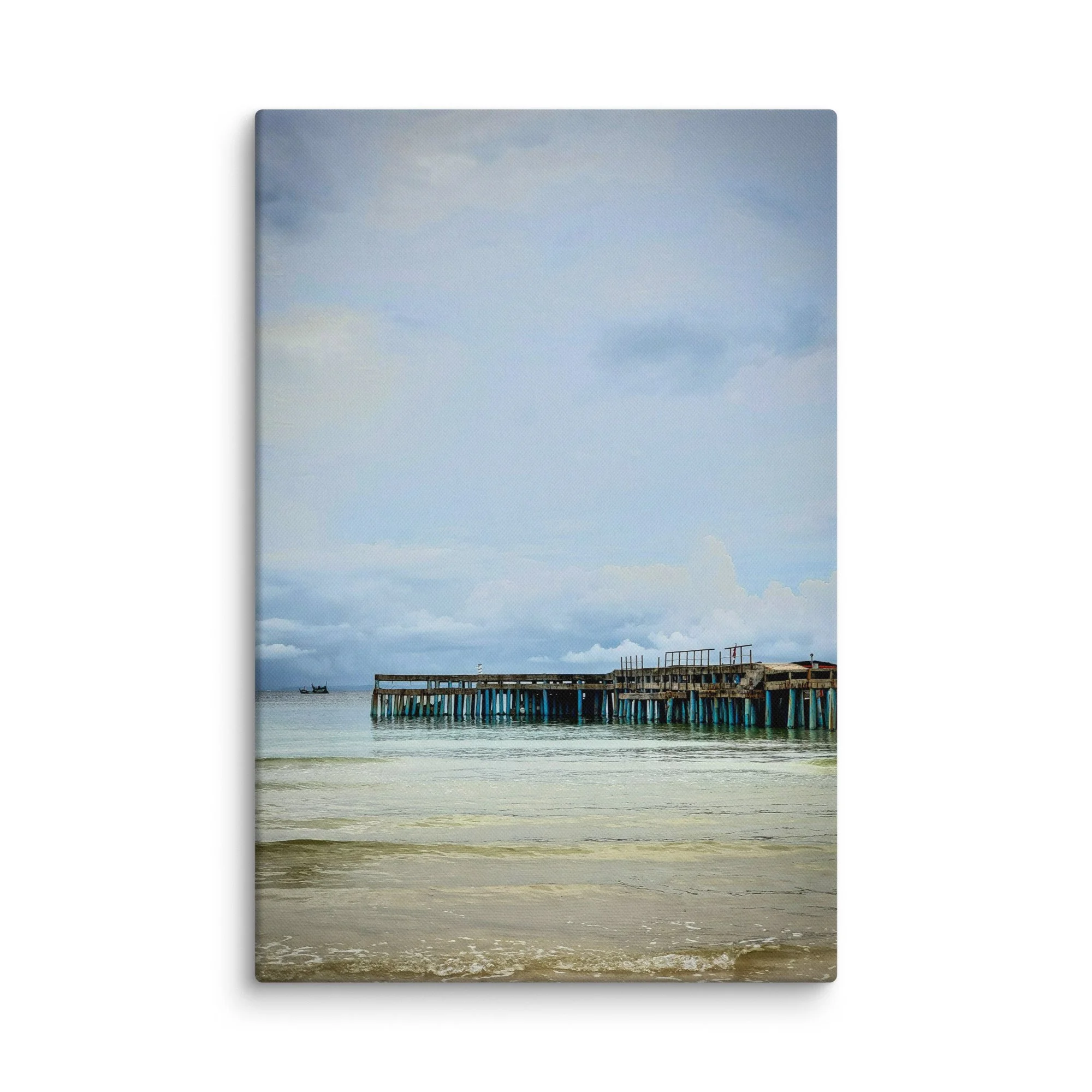 Serene weathered wooden pier on Thai island beach with calm waters, cloudy sky and distant boats – authentic Thailand travel photography canvas print wall art decor