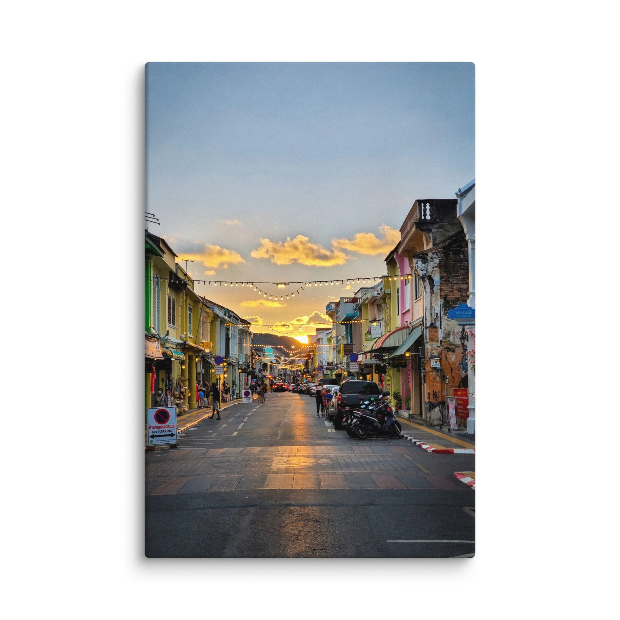 Golden sunset over colorful Sino-Portuguese street in Phuket Old Town with string lights, shophouses and hills – Thailand heritage travel photography canvas print wall art decor