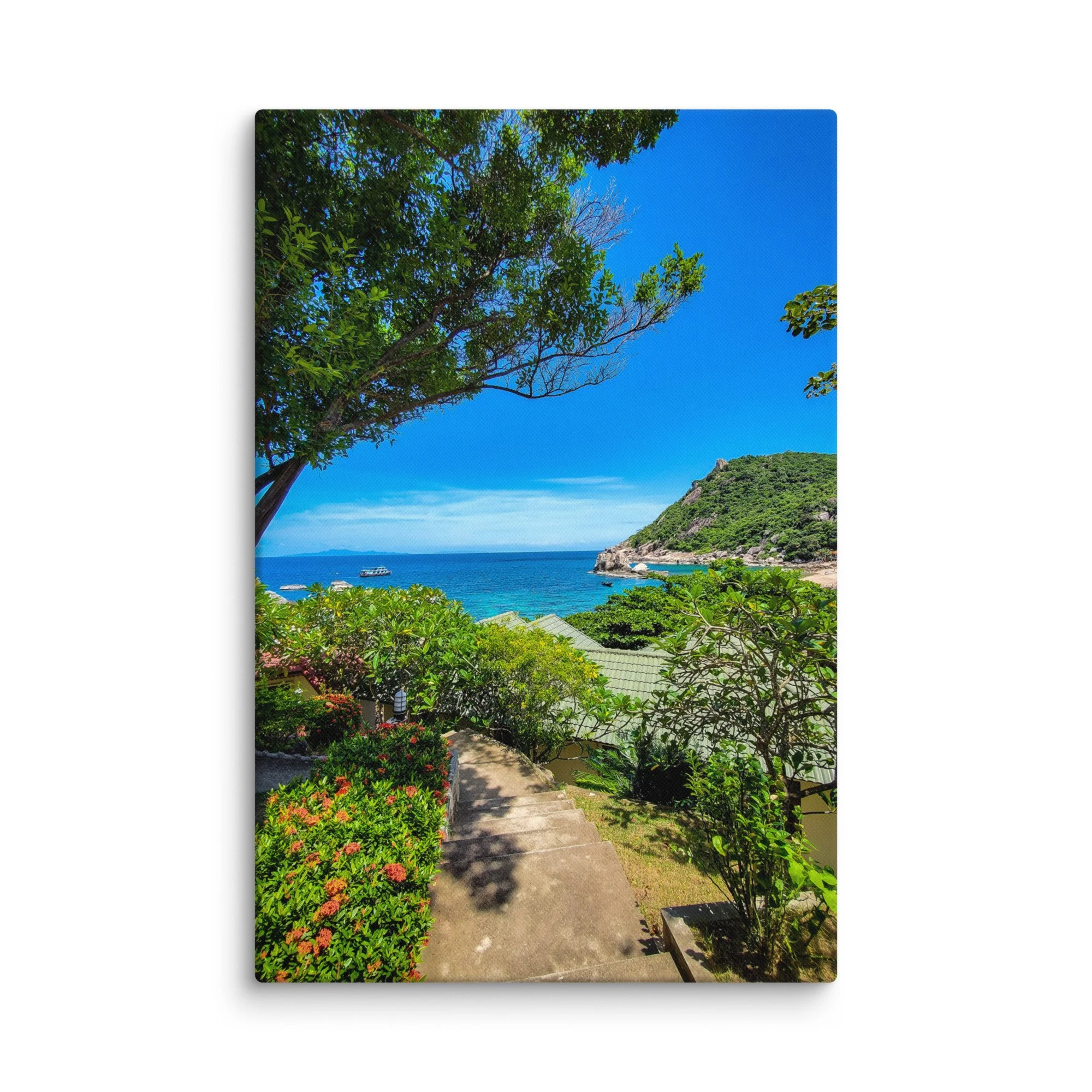 Serene staircase through lush greenery leading to turquoise bay on Koh Tao island – Thailand tropical travel photography canvas print wall art decor