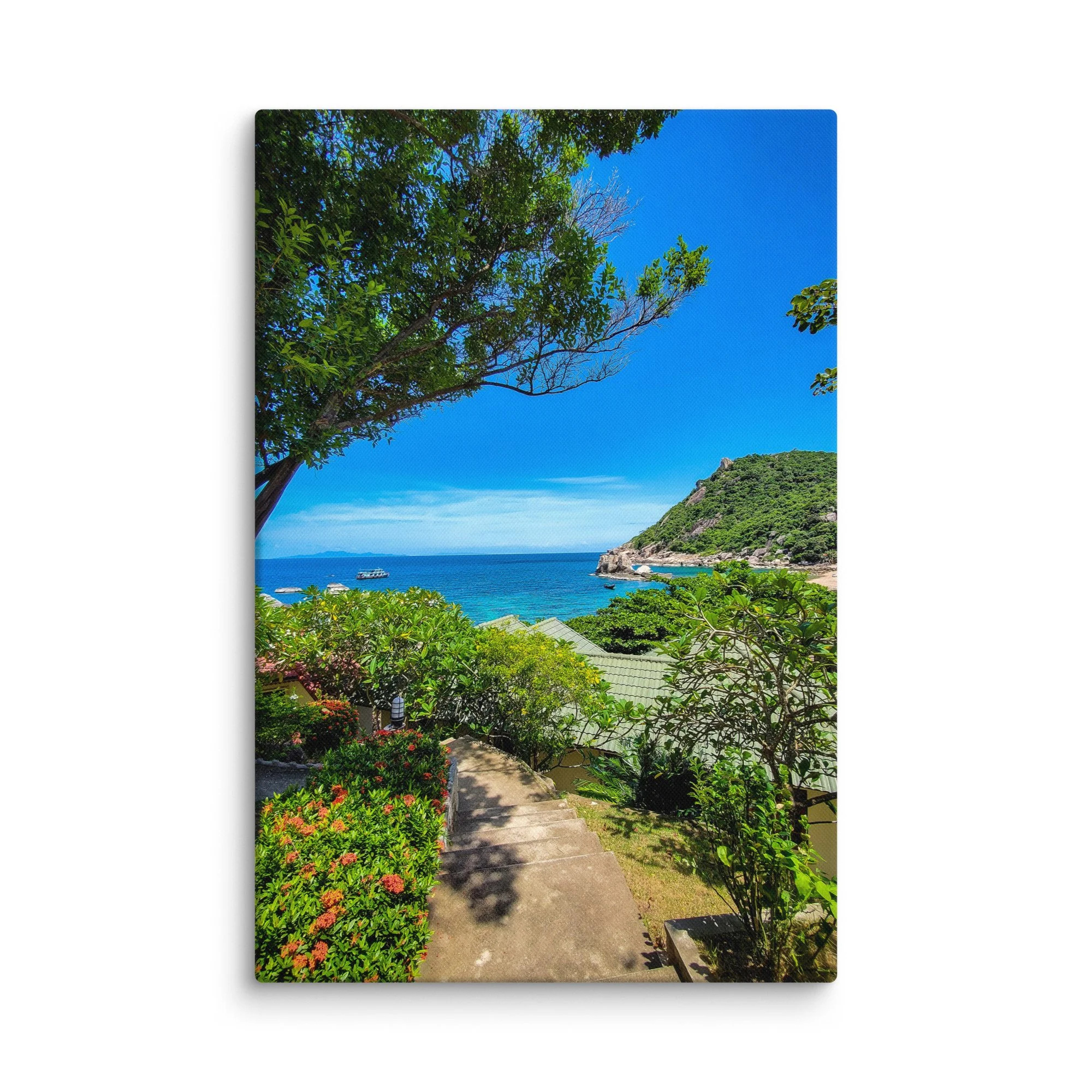 Serene staircase through lush greenery leading to turquoise bay on Koh Tao island – Thailand tropical travel photography canvas print wall art decor