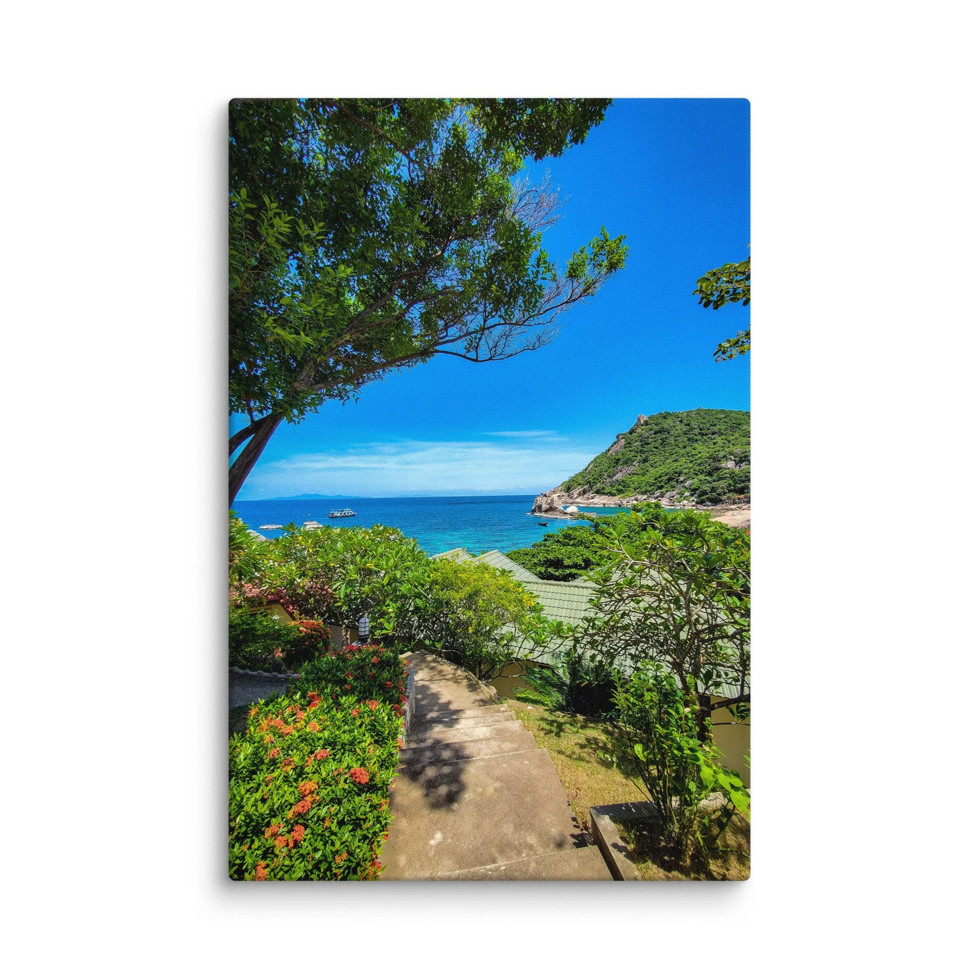 Serene staircase through lush greenery leading to turquoise bay on Koh Tao island – Thailand tropical travel photography canvas print wall art decor