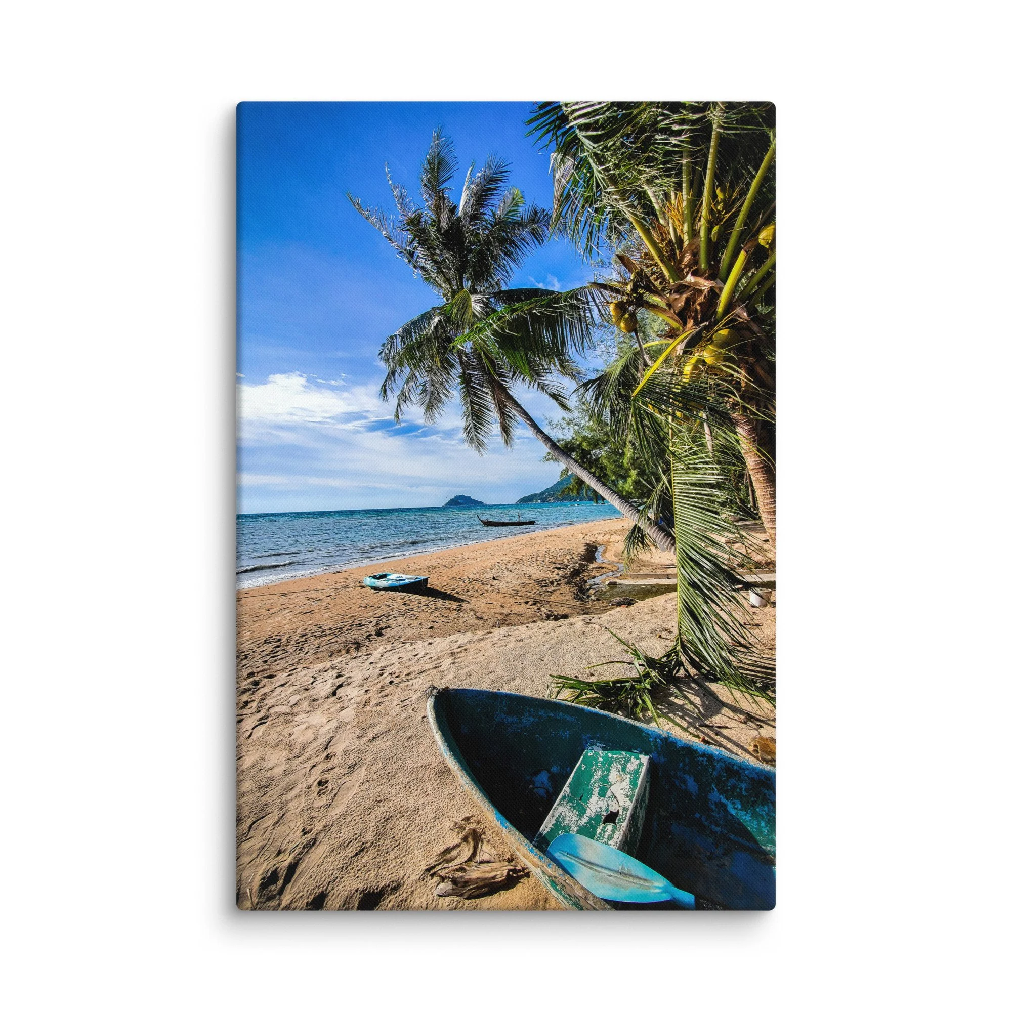 Idyllic Thai beach with blue longtail boat on golden sand, coconut palms and turquoise sea – Thailand tropical travel photography canvas print wall art decor
