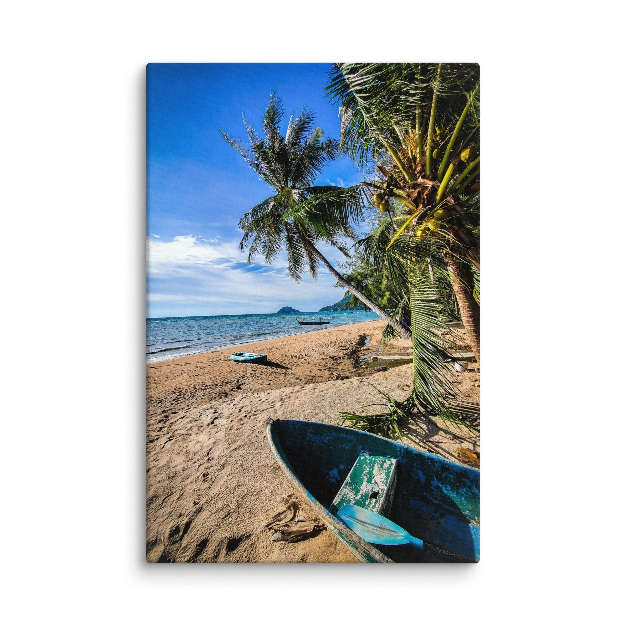 Idyllic Thai beach with blue longtail boat on golden sand, coconut palms and turquoise sea – Thailand tropical travel photography canvas print wall art decor
