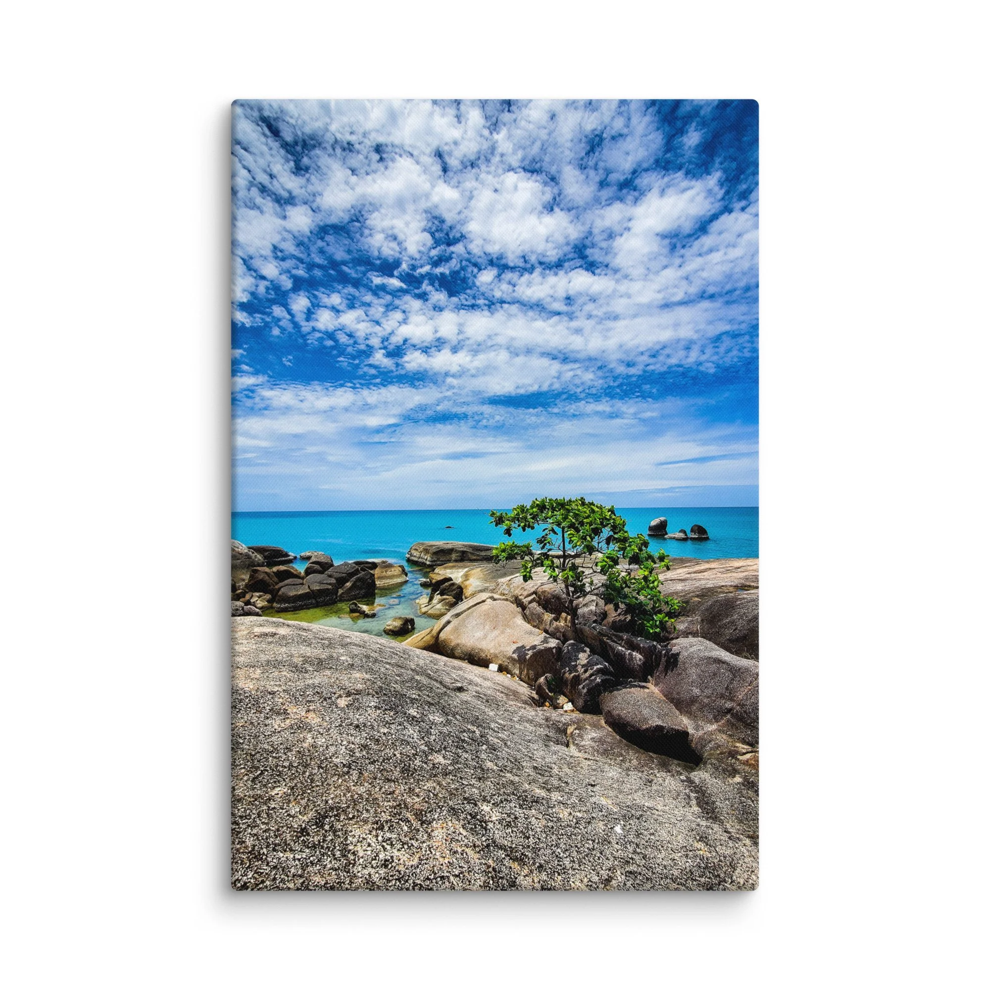 Dramatic Koh Samui rocky beach with lone tree, granite boulders and turquoise sea under blue cloudy sky – Thailand tropical travel photography canvas print wall art decor