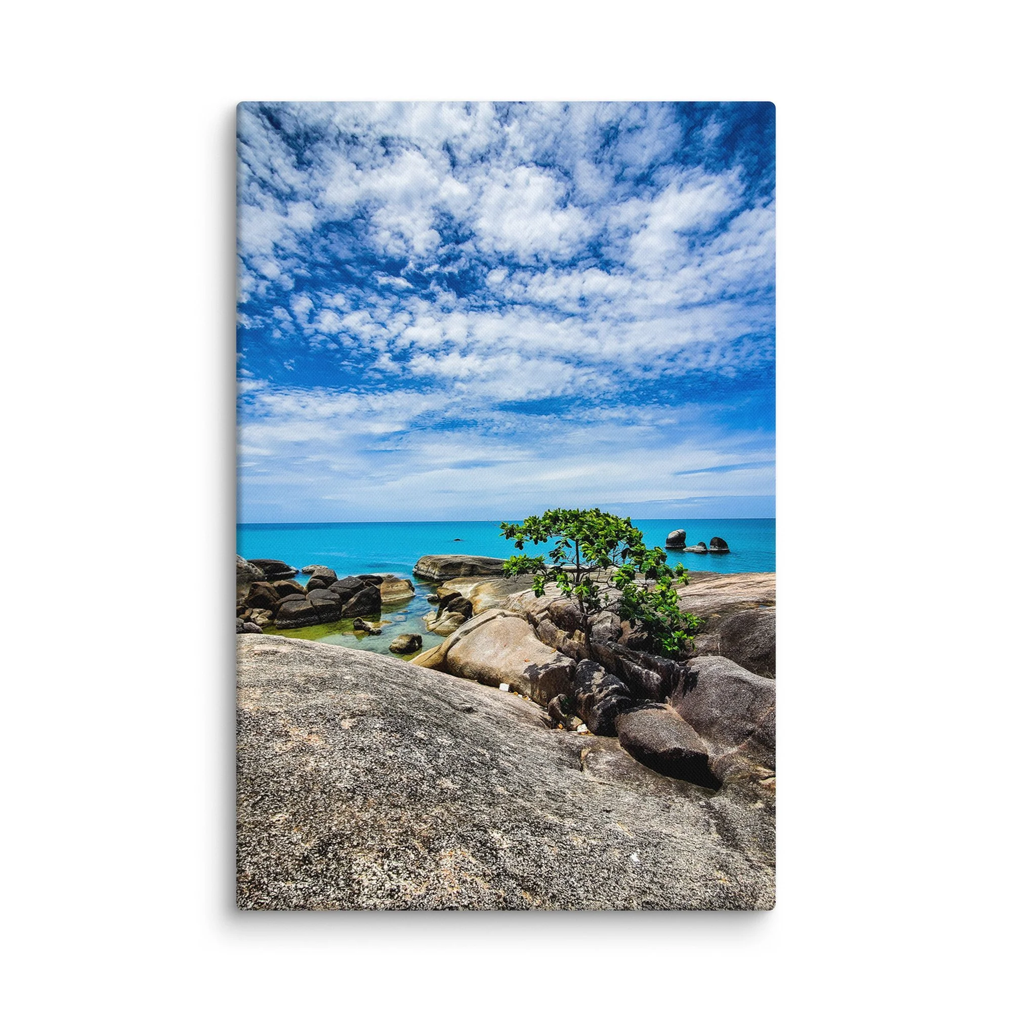 Dramatic Koh Samui rocky beach with lone tree, granite boulders and turquoise sea under blue cloudy sky – Thailand tropical travel photography canvas print wall art decor