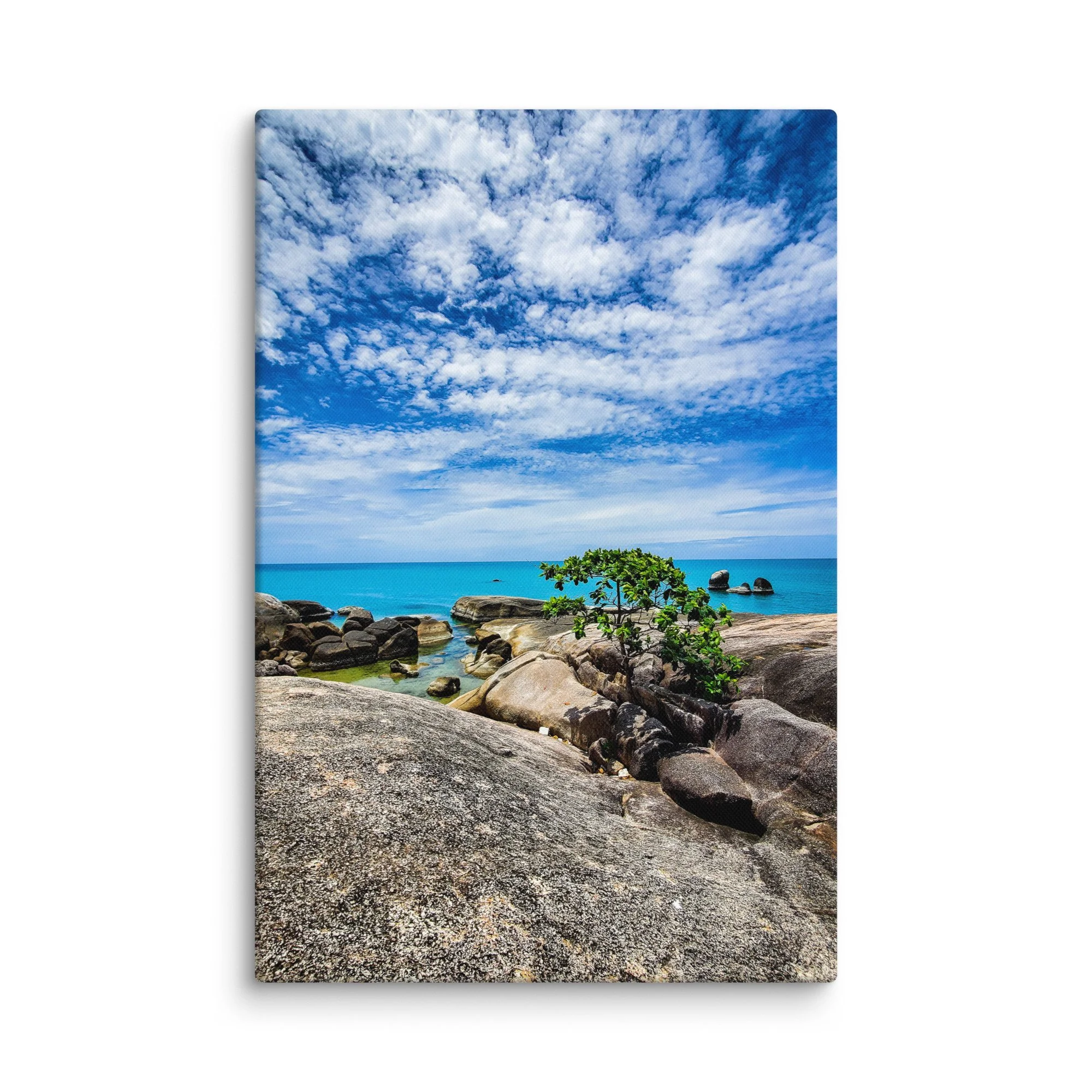 Dramatic Koh Samui rocky beach with lone tree, granite boulders and turquoise sea under blue cloudy sky – Thailand tropical travel photography canvas print wall art decor