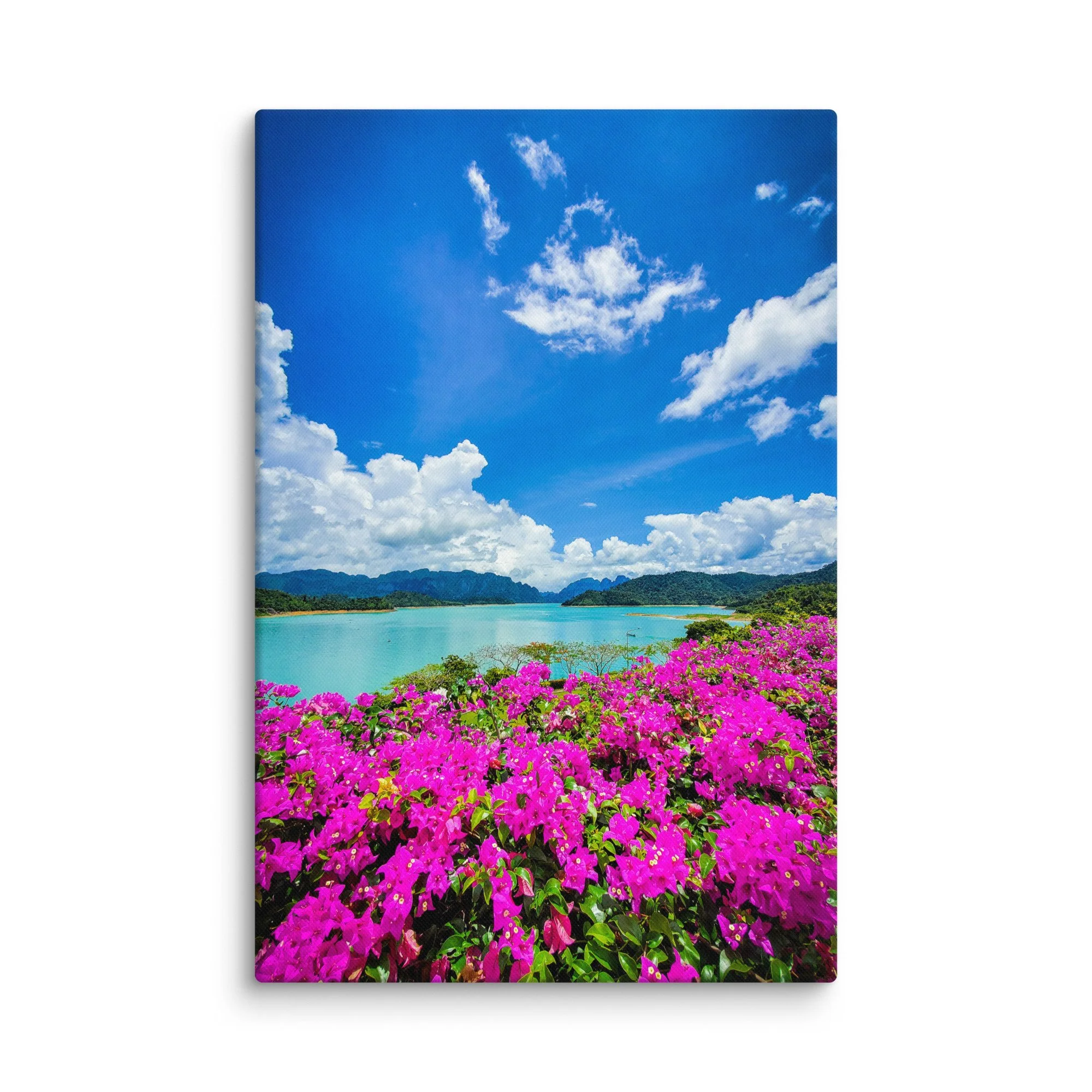Vibrant pink bougainvillea overlooking turquoise Cheow Lan Lake & limestone mountains in Khao Sok National Park – Thailand jungle travel photography canvas print wall art decor