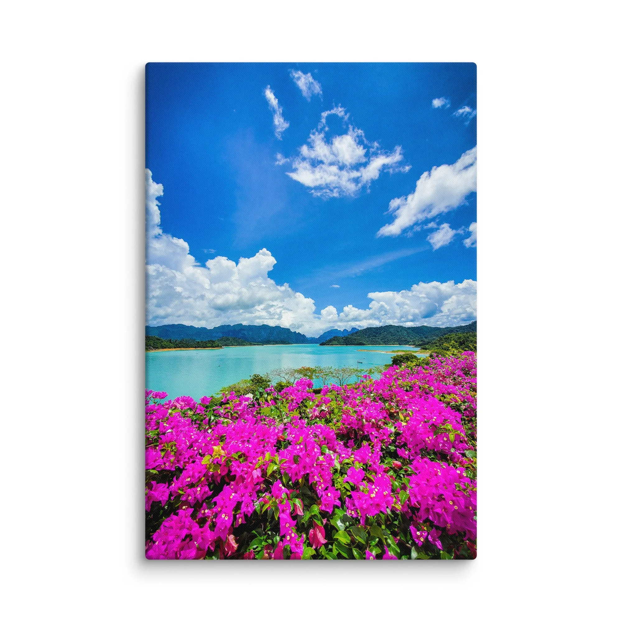 Vibrant pink bougainvillea overlooking turquoise Cheow Lan Lake & limestone mountains in Khao Sok National Park – Thailand jungle travel photography canvas print wall art decor