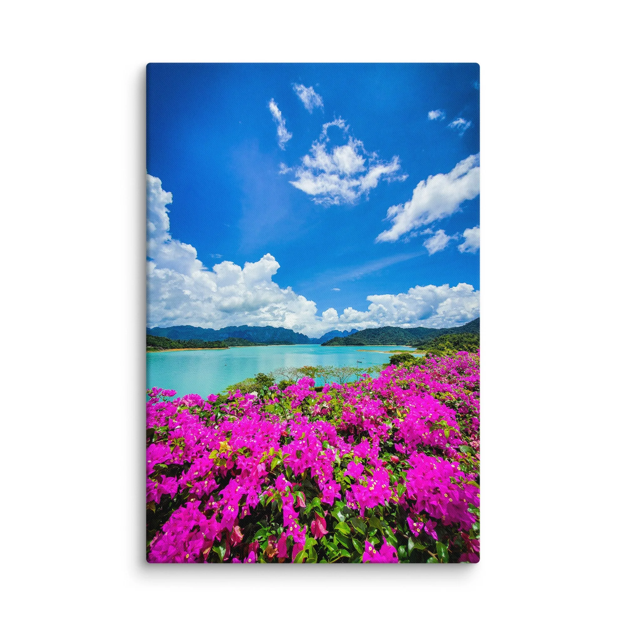 Vibrant pink bougainvillea overlooking turquoise Cheow Lan Lake & limestone mountains in Khao Sok National Park – Thailand jungle travel photography canvas print wall art decor