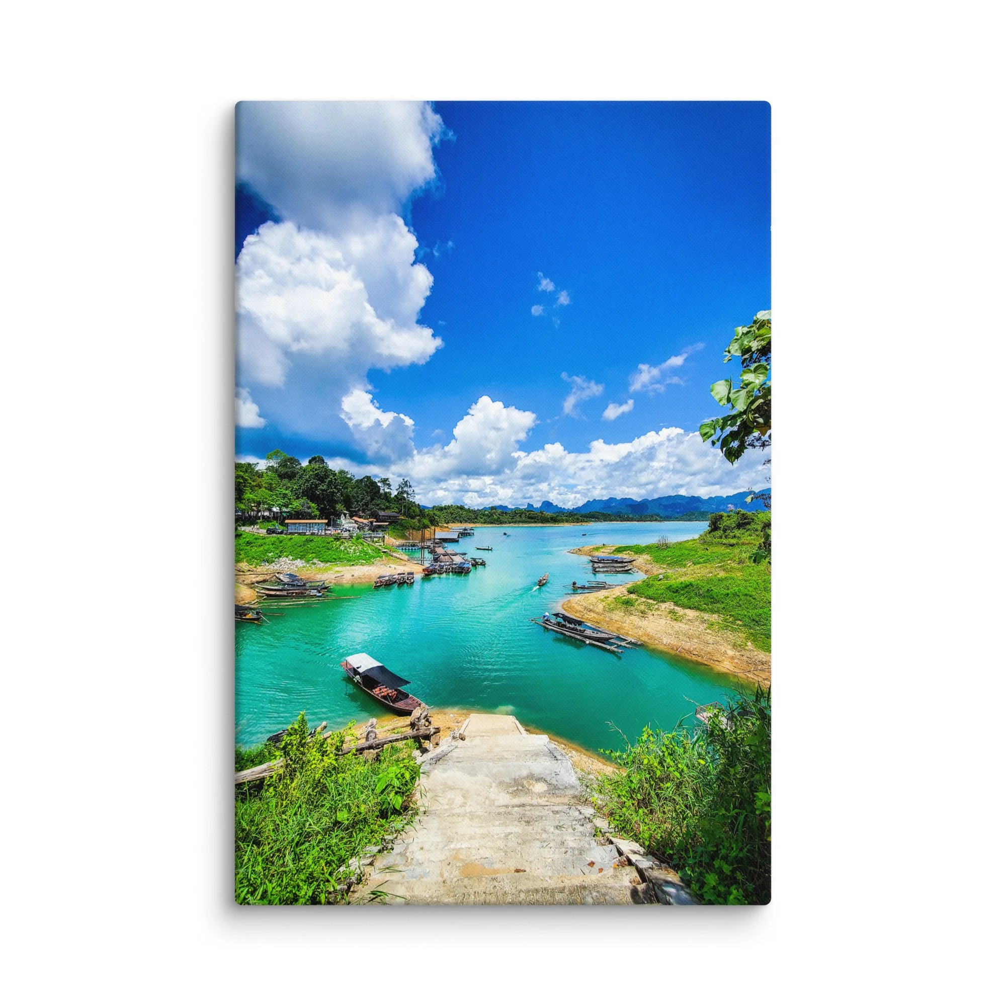 Panoramic view of turquoise Cheow Lan Lake in Khao Sok National Park with longtail boats, limestone karsts and lush jungle – Thailand tropical travel photography canvas print wall art decor