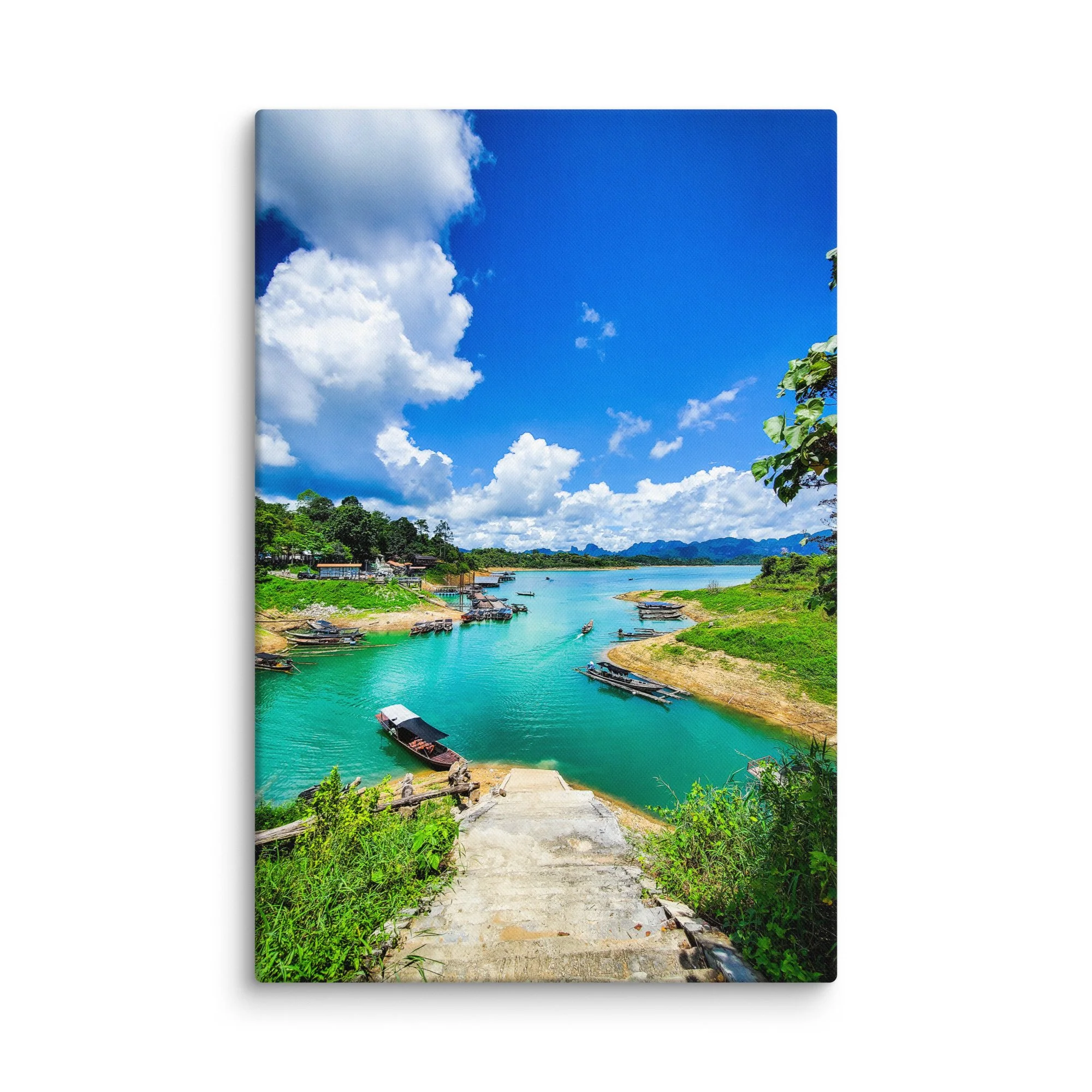 Panoramic view of turquoise Cheow Lan Lake in Khao Sok National Park with longtail boats, limestone karsts and lush jungle – Thailand tropical travel photography canvas print wall art decor