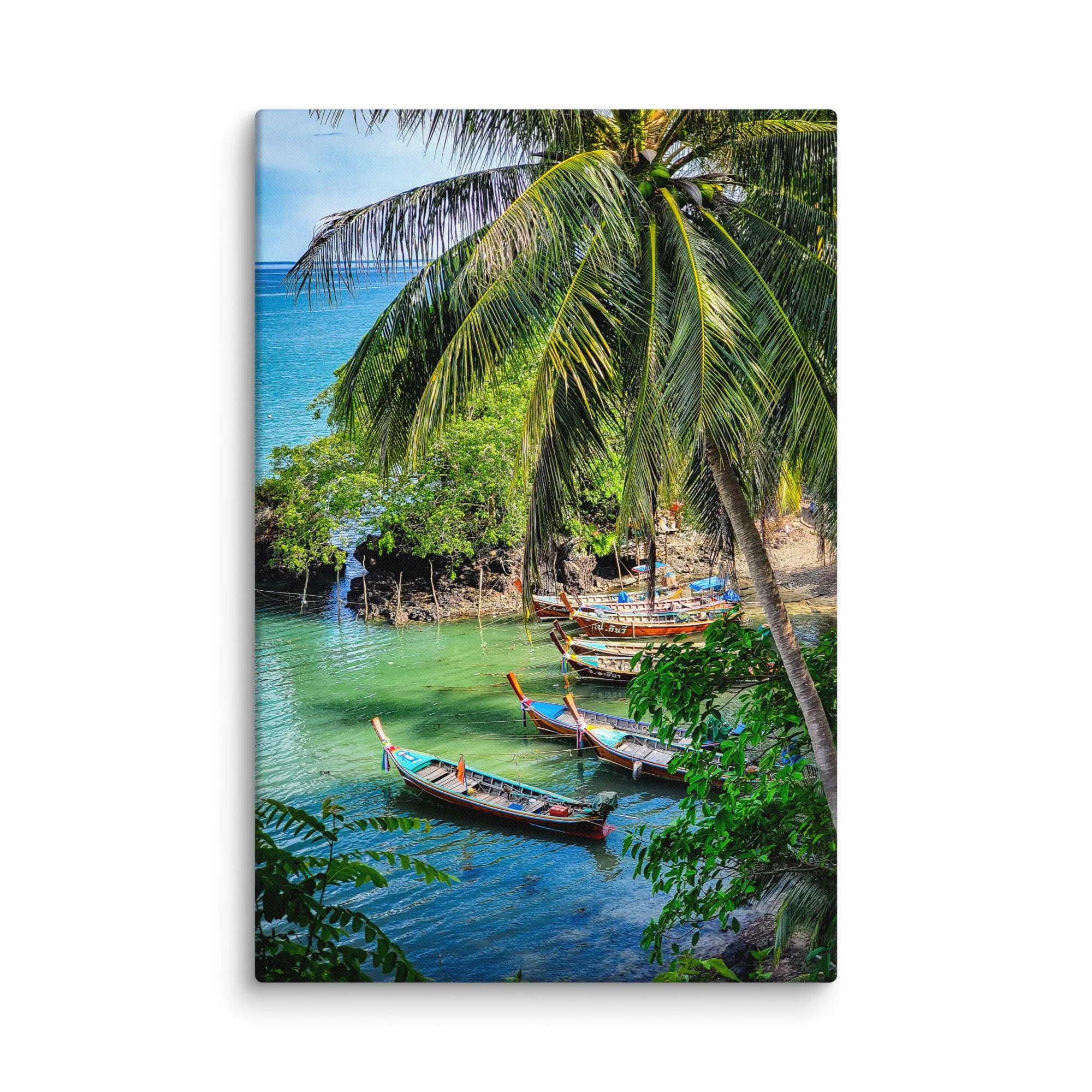 Idyllic Thailand beach cove with colorful longtail boats anchored in emerald water under coconut palms – tropical travel photography canvas print wall art decor