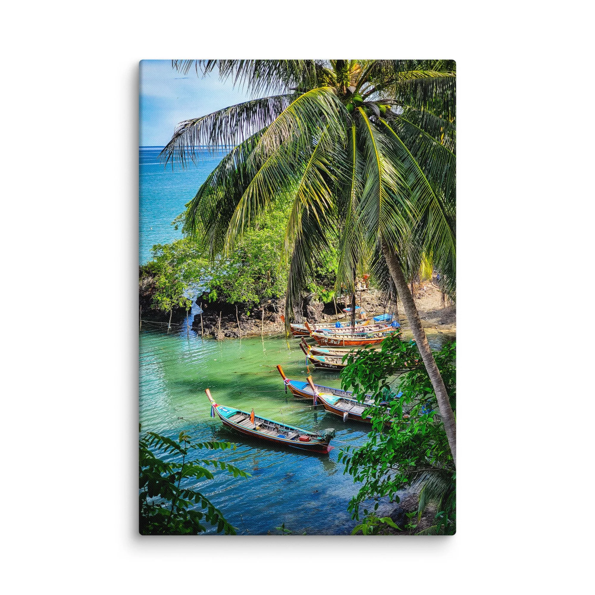 Idyllic Thailand beach cove with colorful longtail boats anchored in emerald water under coconut palms – tropical travel photography canvas print wall art decor