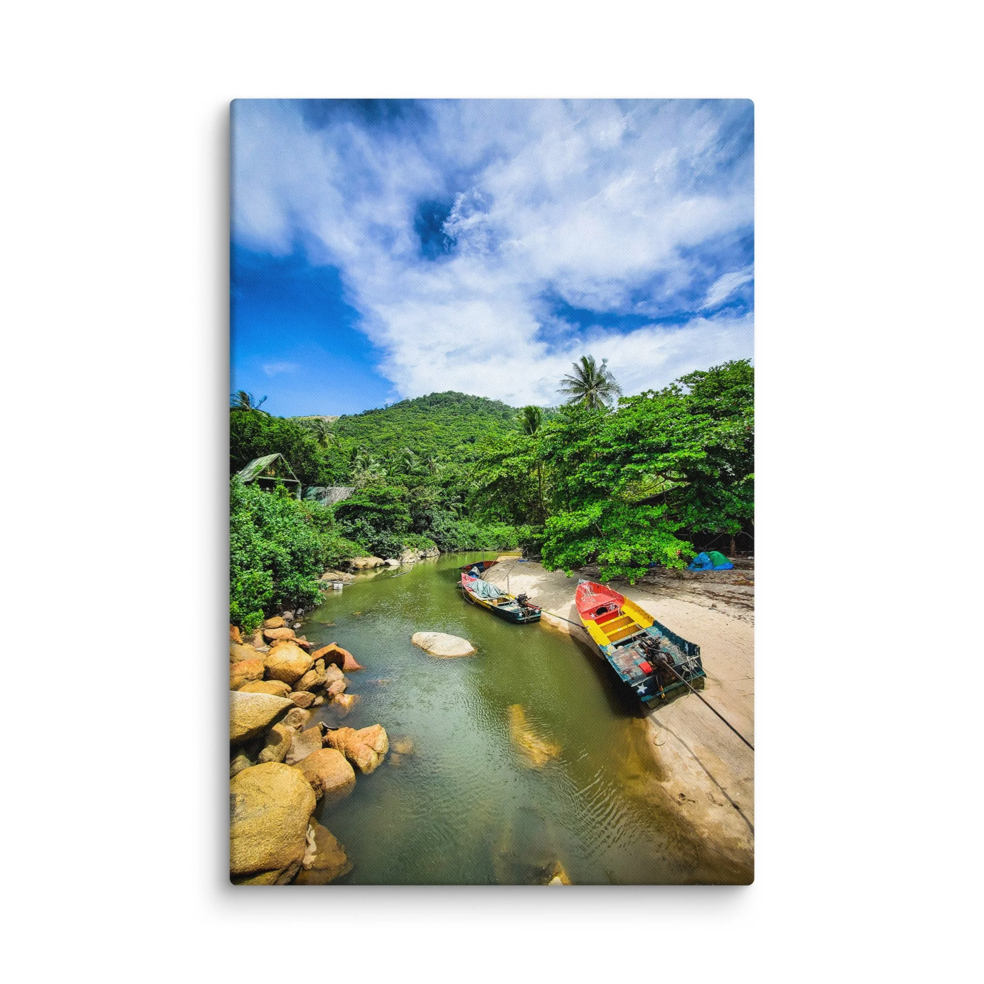 Vibrant Thailand hidden cove where jungle river meets sea with colorful longtail boats, boulders and lush palms – tropical travel photography canvas print wall art decor