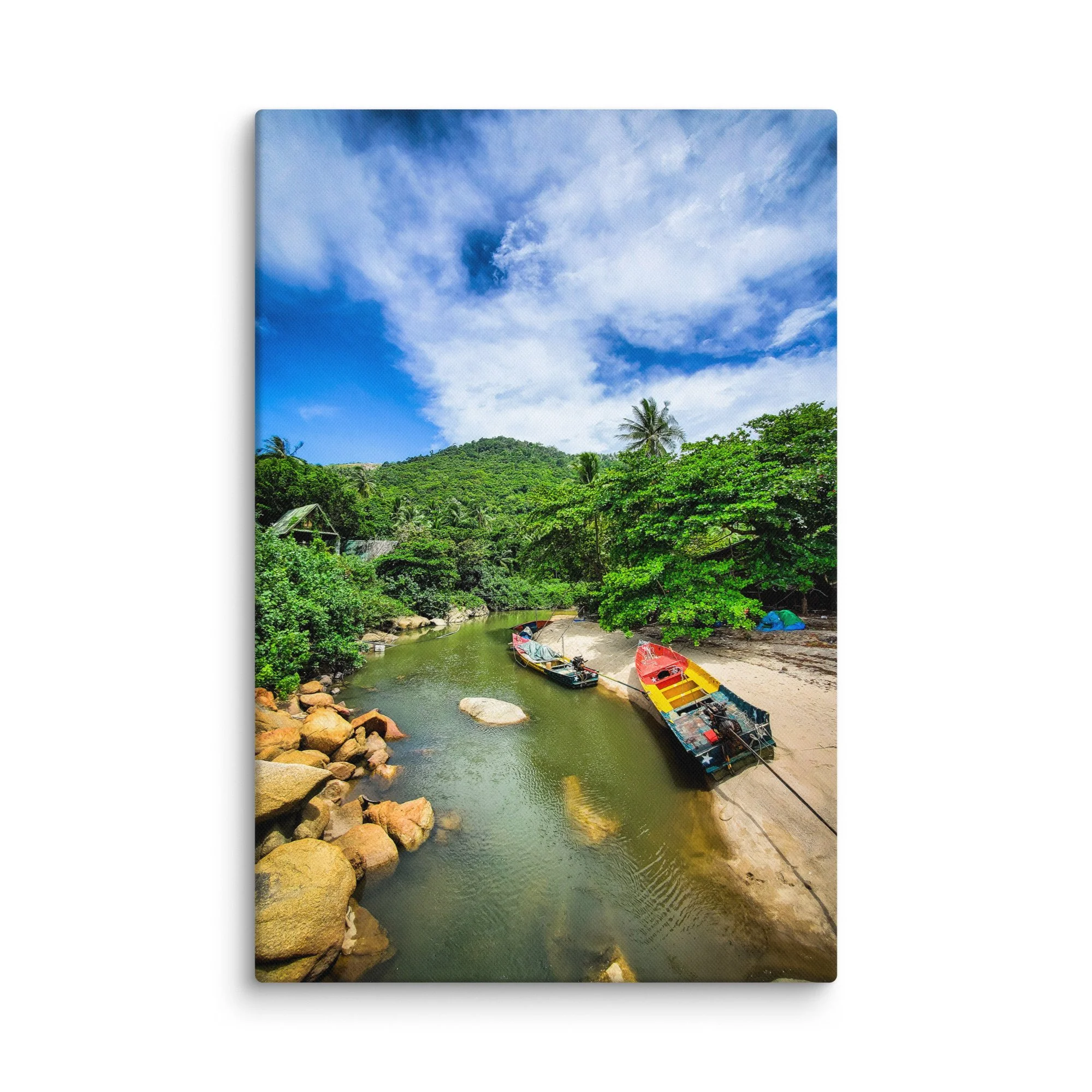 Vibrant Thailand hidden cove where jungle river meets sea with colorful longtail boats, boulders and lush palms – tropical travel photography canvas print wall art decor