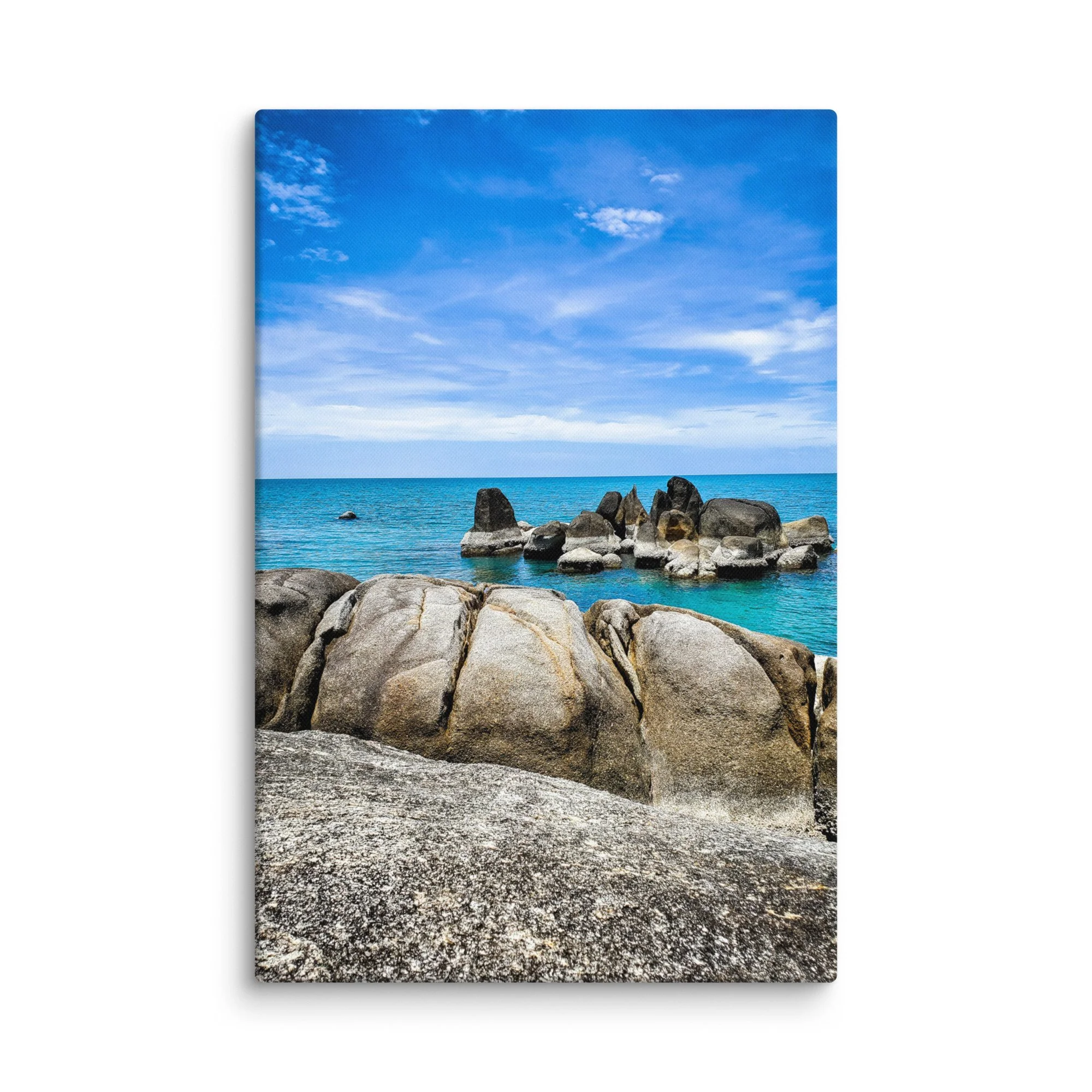 Dramatic Thailand rocky beach with smooth granite boulders, turquoise sea and blue cloudy sky – tropical travel photography canvas print wall art decor