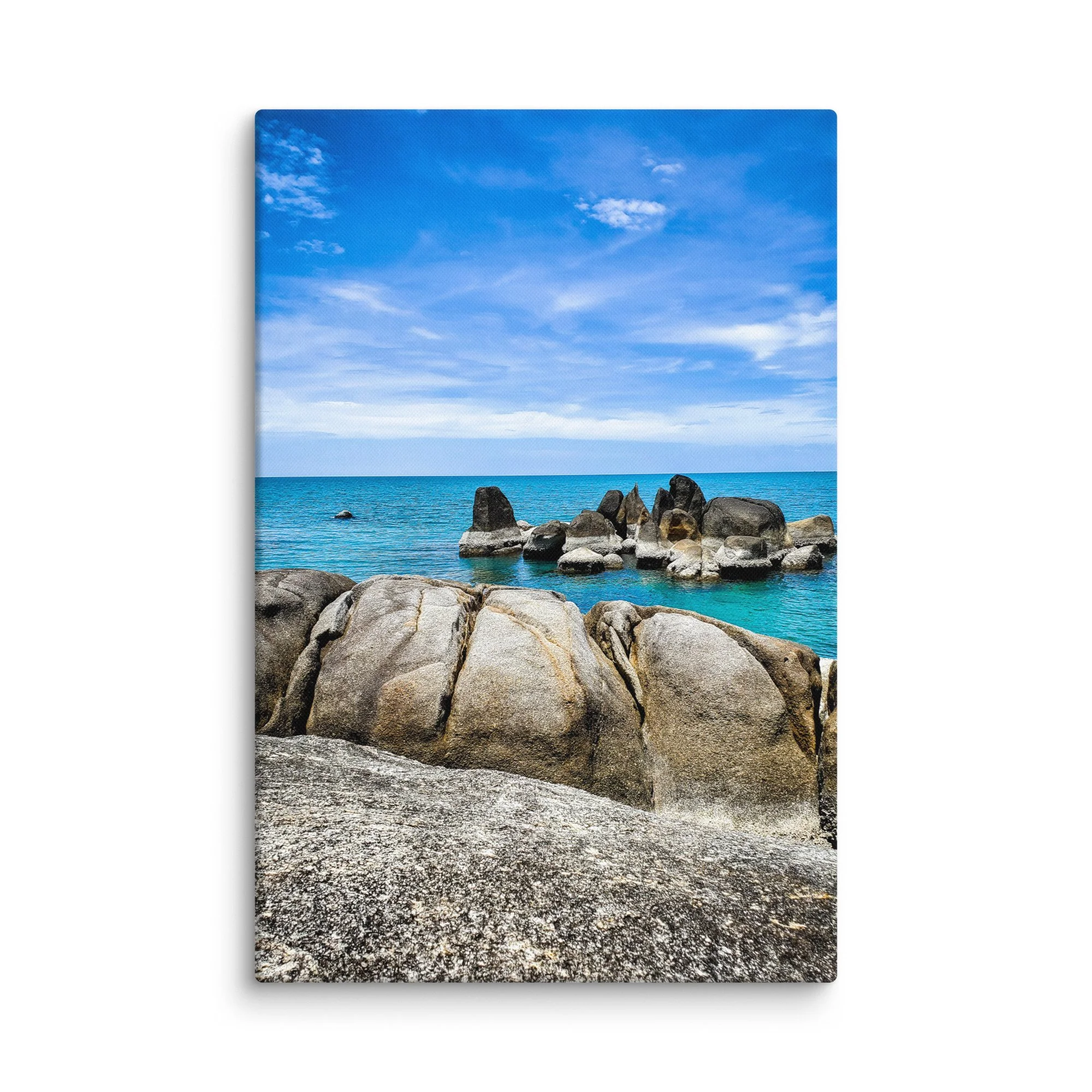 Dramatic Thailand rocky beach with smooth granite boulders, turquoise sea and blue cloudy sky – tropical travel photography canvas print wall art decor