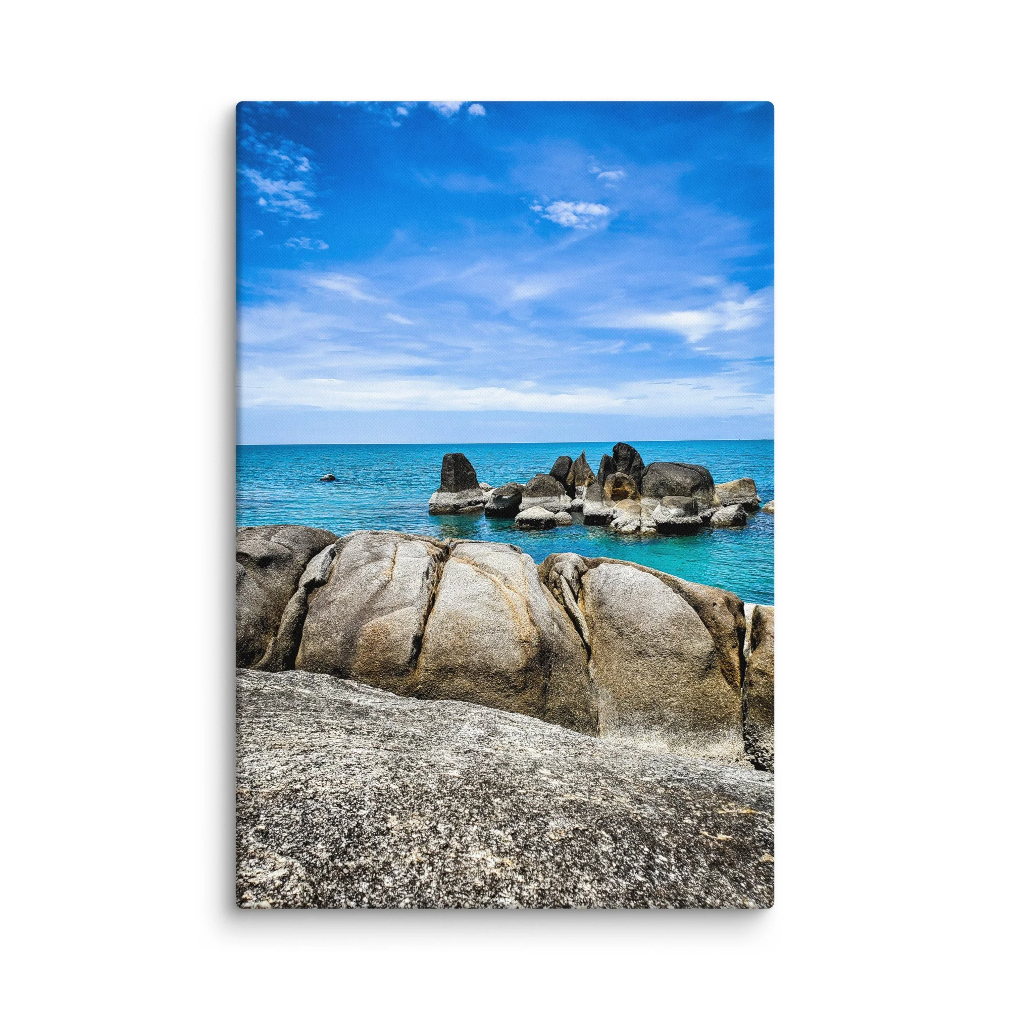 Dramatic Thailand rocky beach with smooth granite boulders, turquoise sea and blue cloudy sky – tropical travel photography canvas print wall art decor