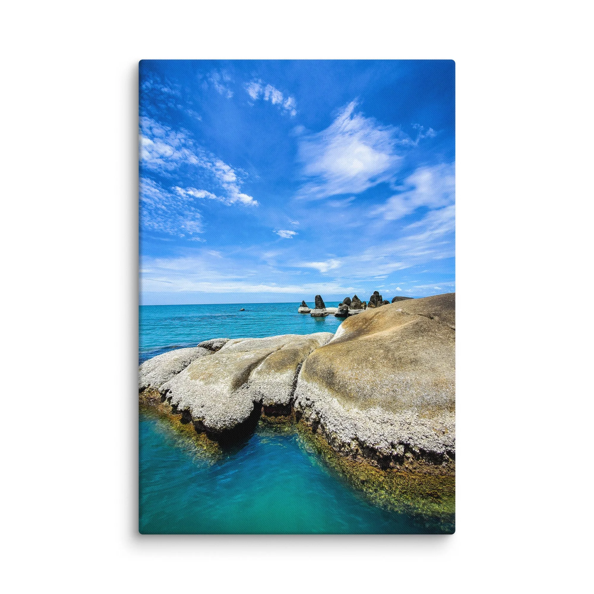 Dramatic Thailand rocky beach with smooth granite boulders, turquoise sea and blue cloudy sky – tropical travel photography canvas print wall art decor