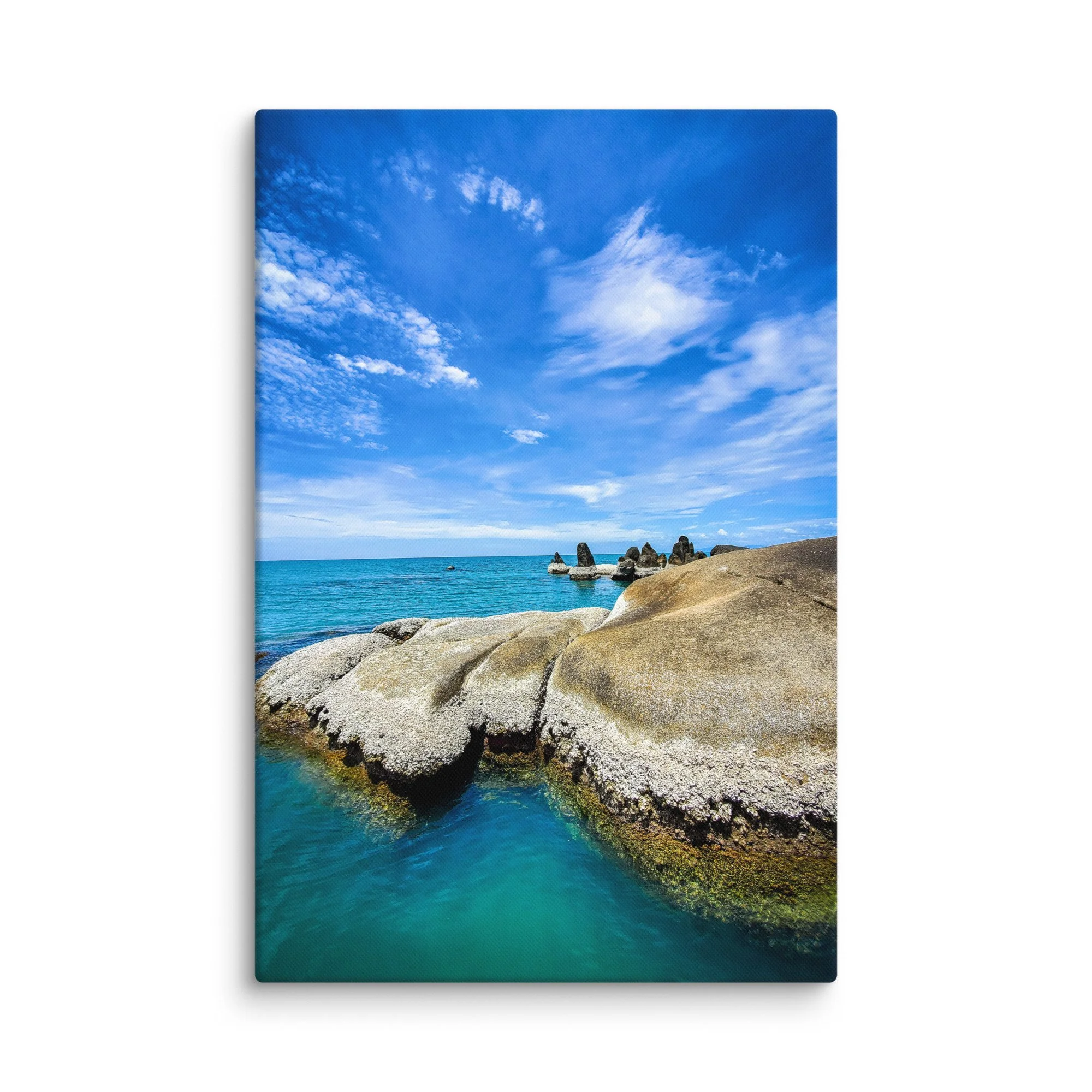 Dramatic Thailand rocky beach with smooth granite boulders, turquoise sea and blue cloudy sky – tropical travel photography canvas print wall art decor