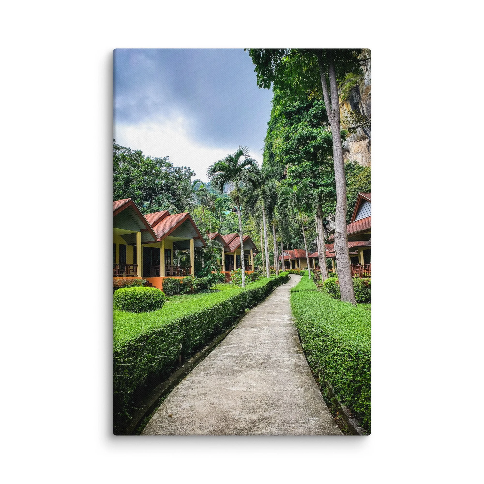 Serene path through bungalows and lush greenery to limestone cliffs in Tonsai Bay, Krabi – Thailand tropical travel photography canvas print wall art decor