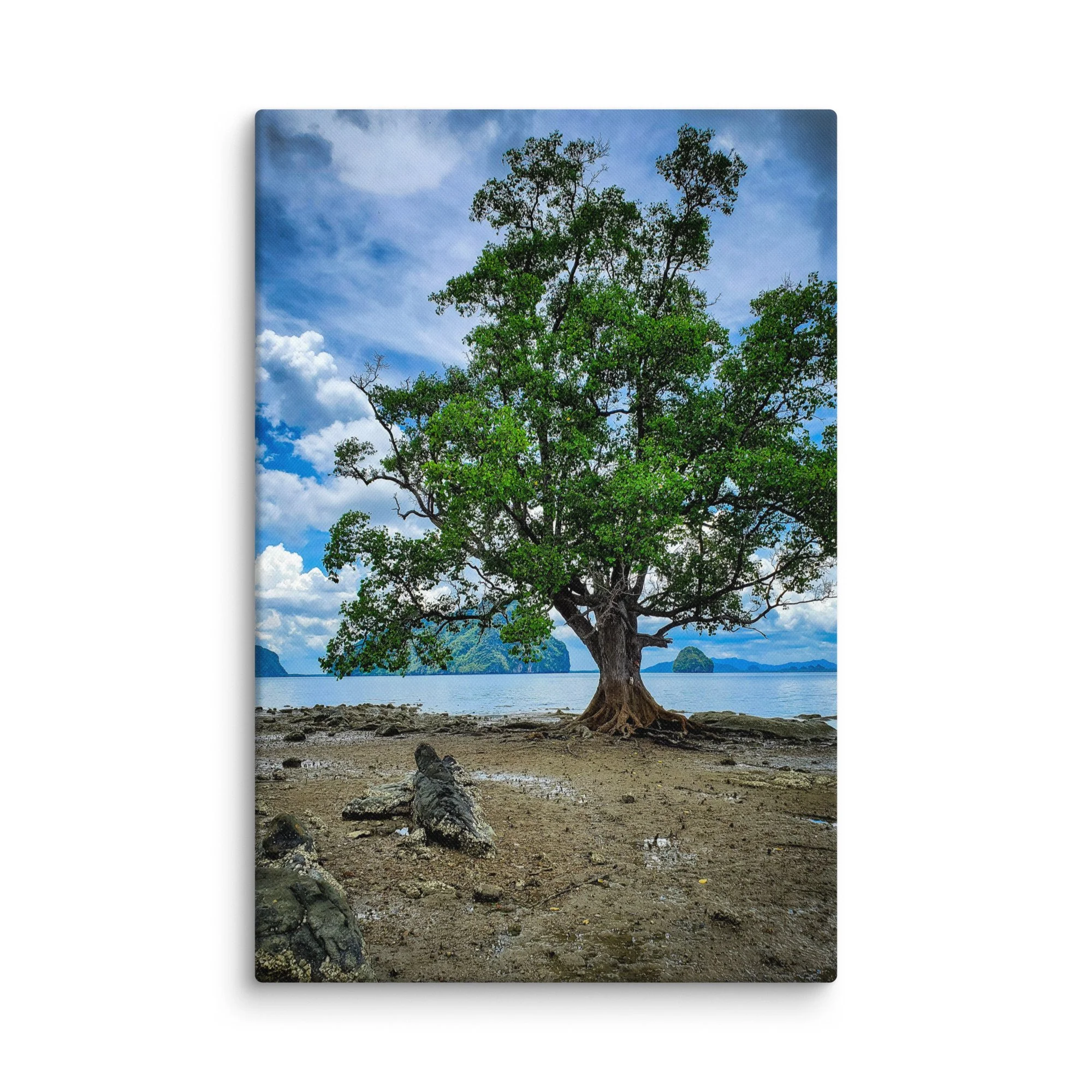 Dramatic Thailand beach with ancient tree on rocky shore, turquoise sea and limestone karsts under blue sky – tropical travel photography canvas print wall art decor