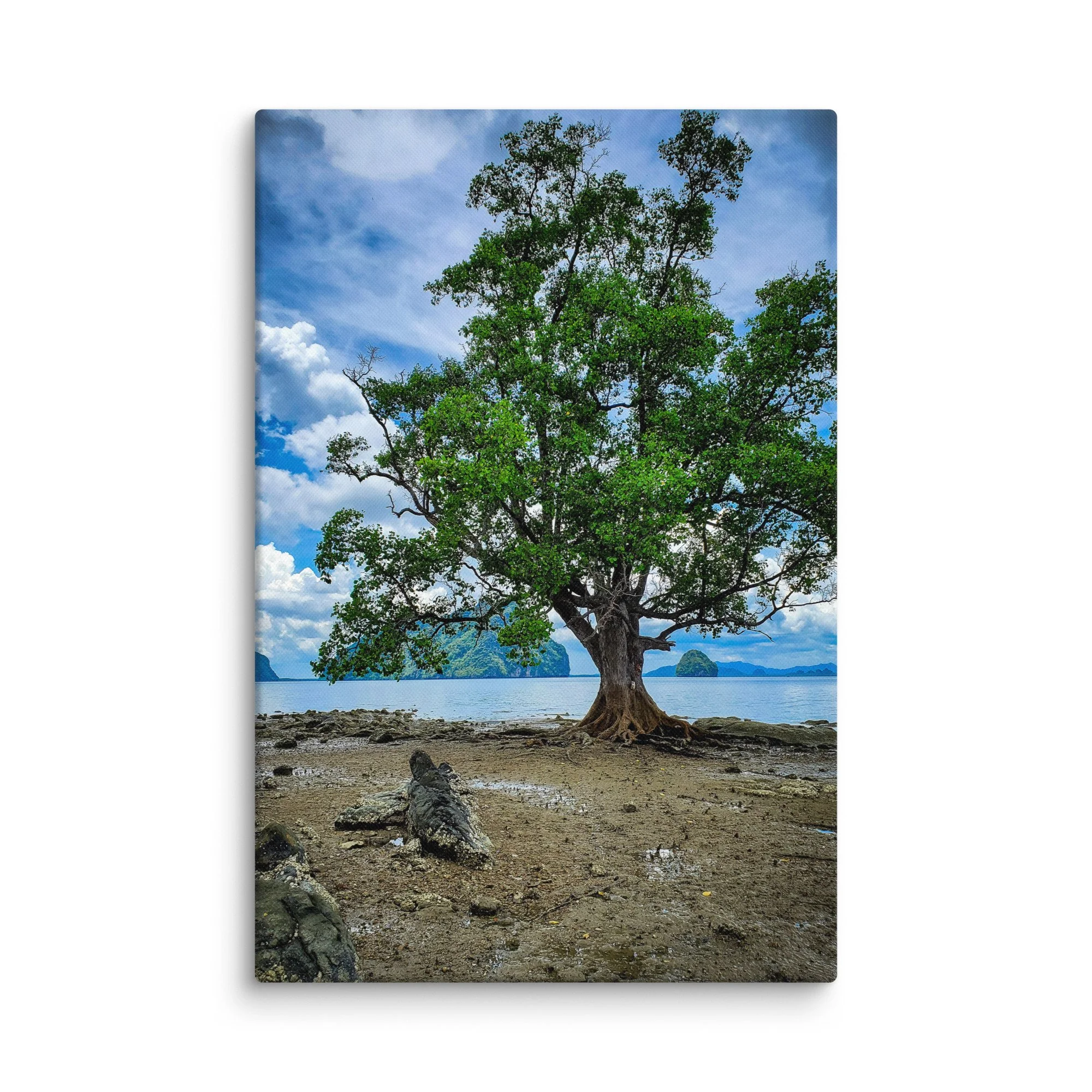 Dramatic Thailand beach with ancient tree on rocky shore, turquoise sea and limestone karsts under blue sky – tropical travel photography canvas print wall art decor
