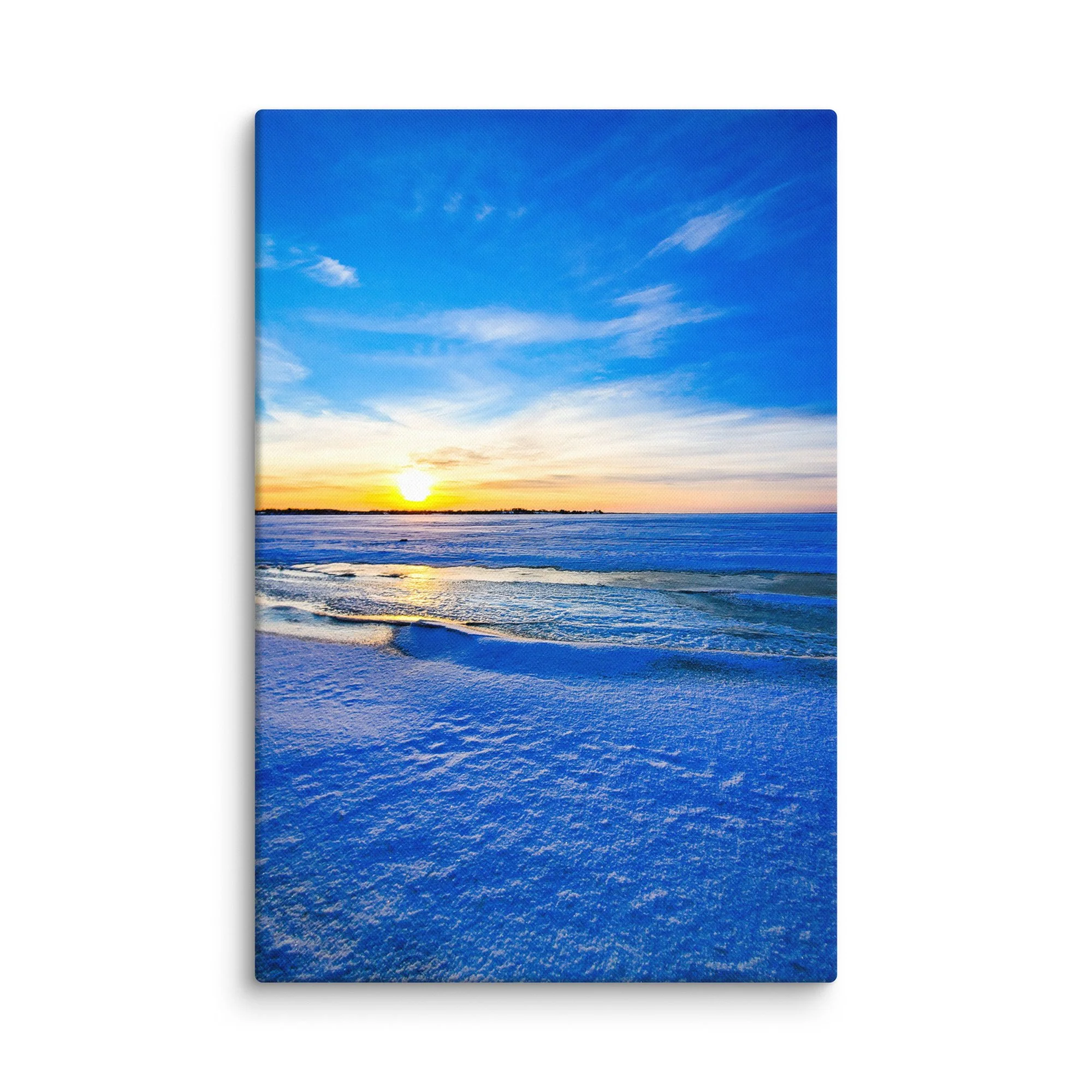 Serene frozen Baltic Sea at sunset in Latvia with glowing blue ice, snow-covered shore and golden horizon – winter travel photography canvas print wall art decor