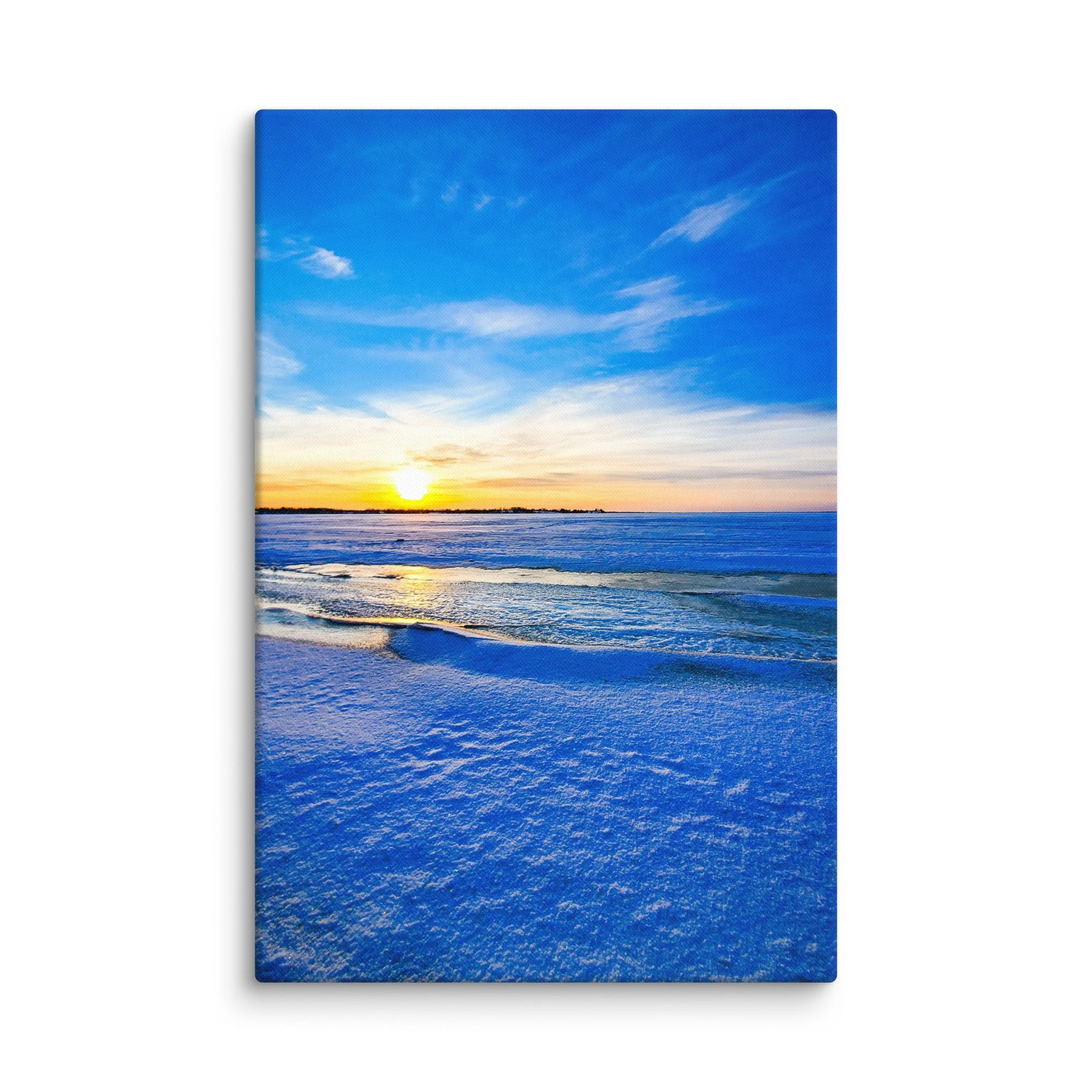 Serene frozen Baltic Sea at sunset in Latvia with glowing blue ice, snow-covered shore and golden horizon – winter travel photography canvas print wall art decor
