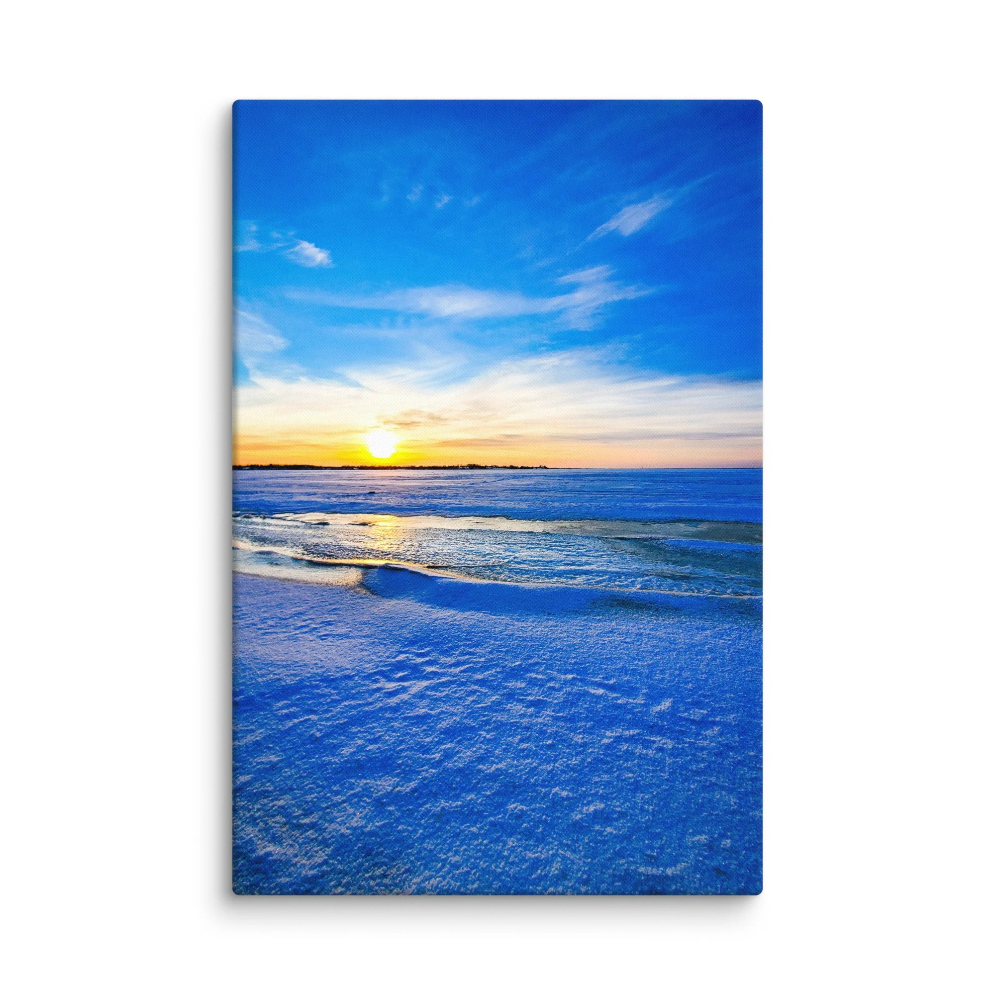 Serene frozen Baltic Sea at sunset in Latvia with glowing blue ice, snow-covered shore and golden horizon – winter travel photography canvas print wall art decor