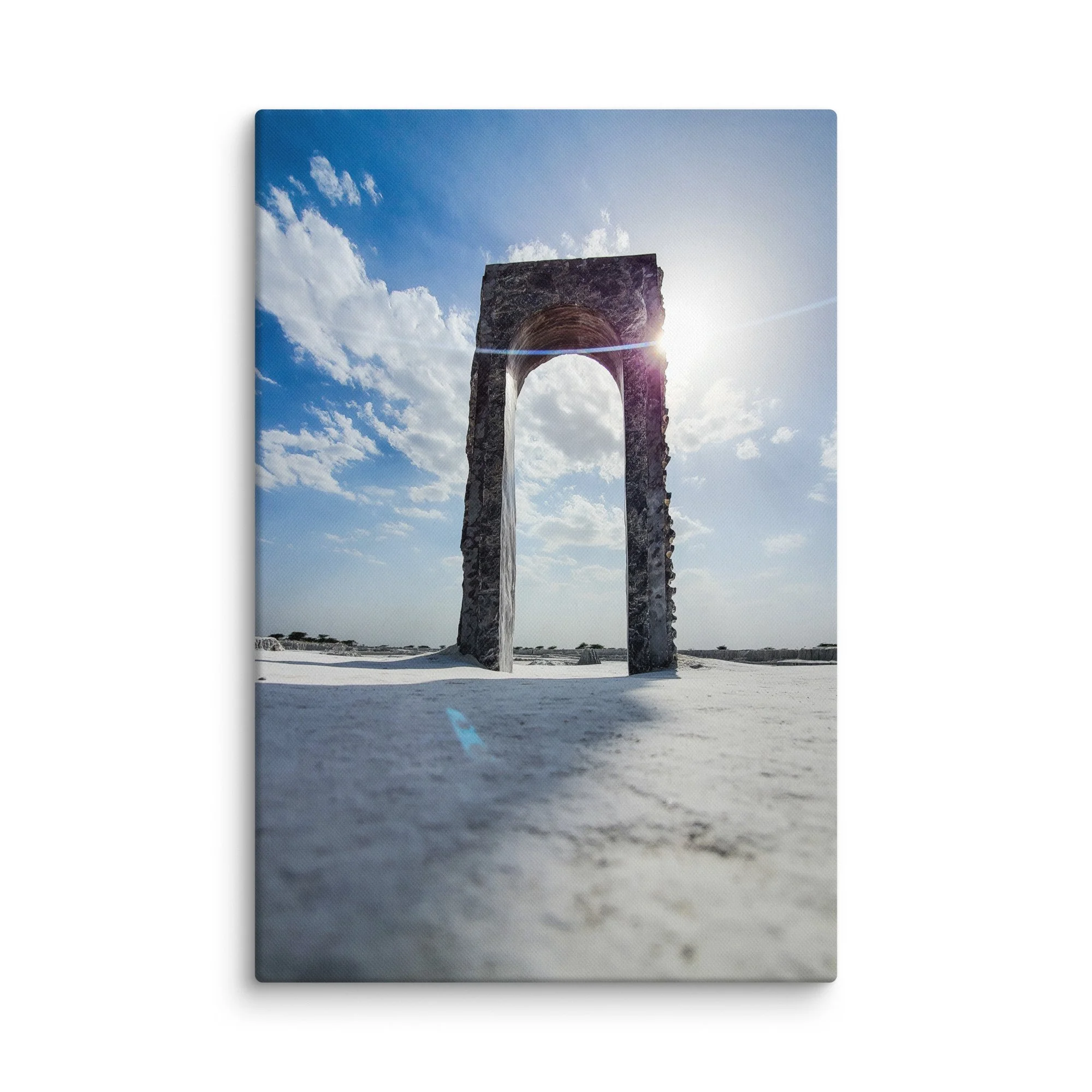 Surreal stone archway in the vast sandy desert of Thar, Rajasthan under bright blue sky – India landscape travel photography canvas print wall art decor
