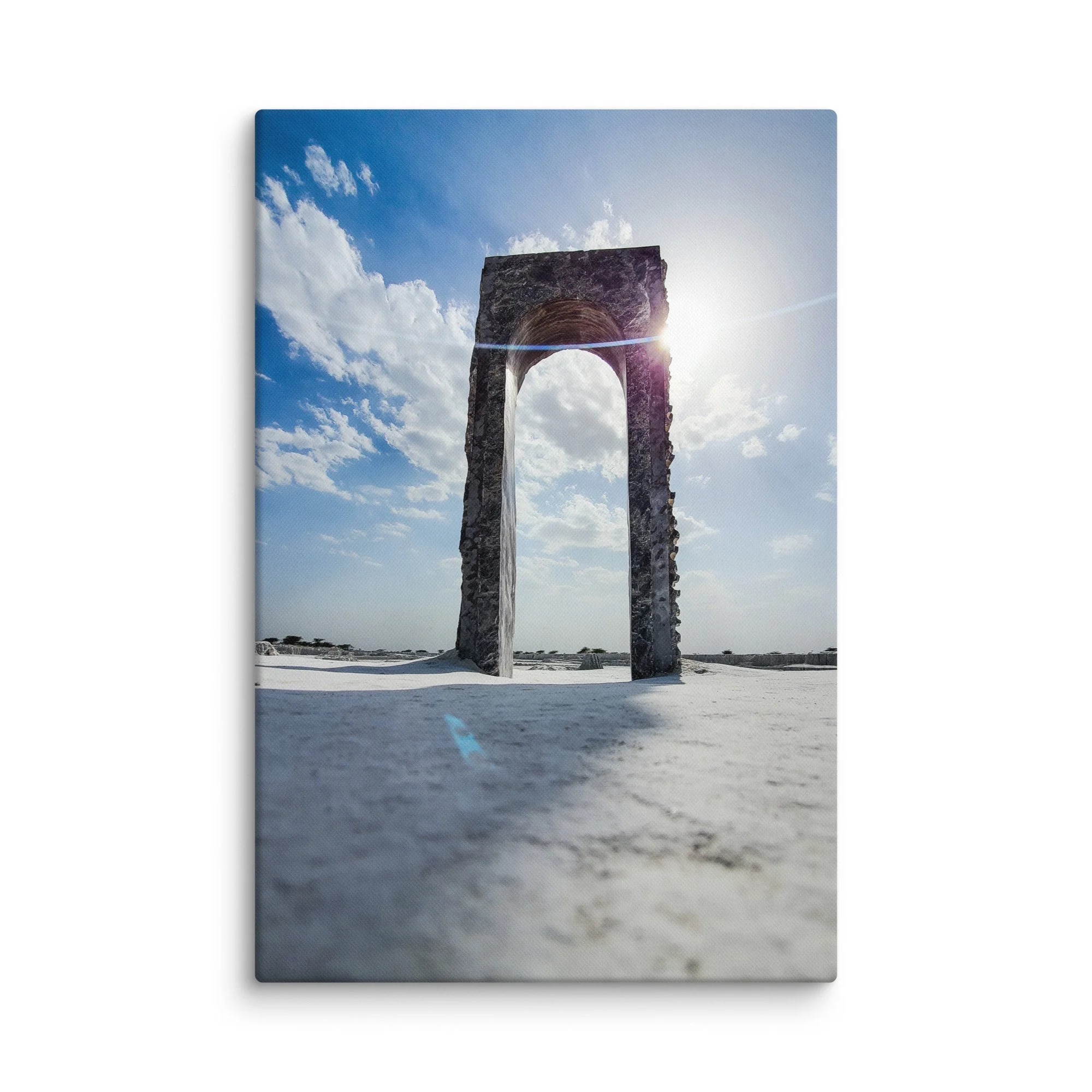 Surreal stone archway in the vast sandy desert of Thar, Rajasthan under bright blue sky – India landscape travel photography canvas print wall art decor