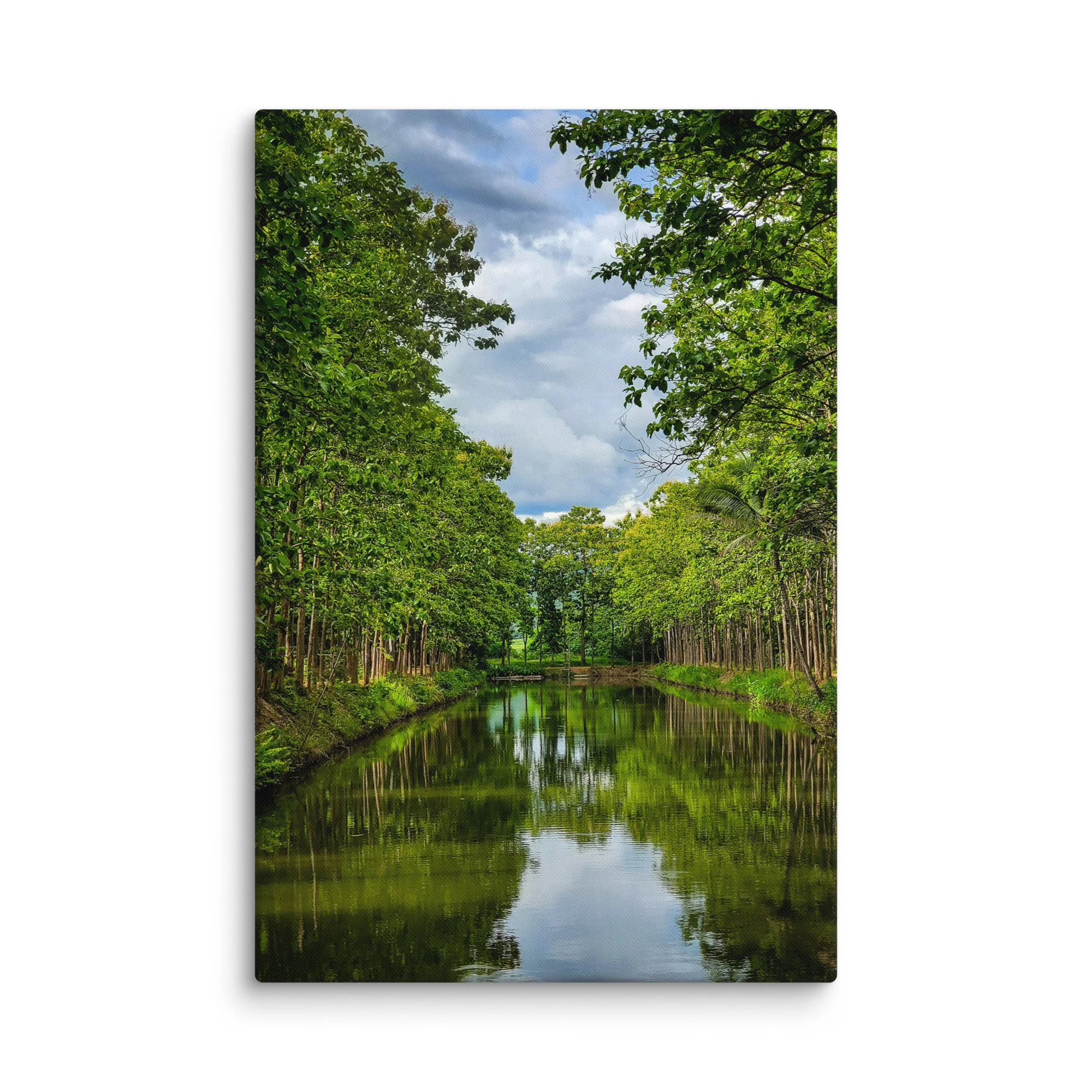 Serene canal in Pai, Thailand lined with lush green trees forming a natural tunnel with perfect water reflections – northern travel photography canvas print wall art decor