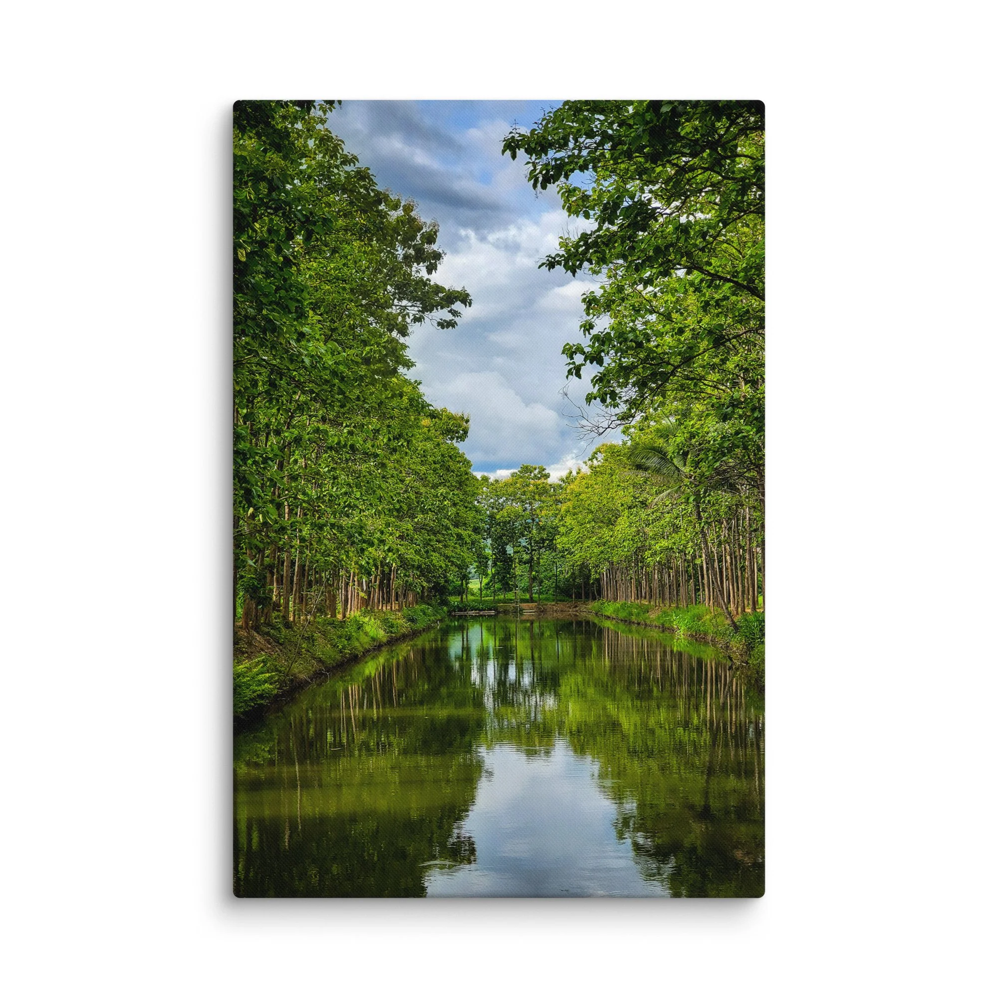 Serene canal in Pai, Thailand lined with lush green trees forming a natural tunnel with perfect water reflections – northern travel photography canvas print wall art decor
