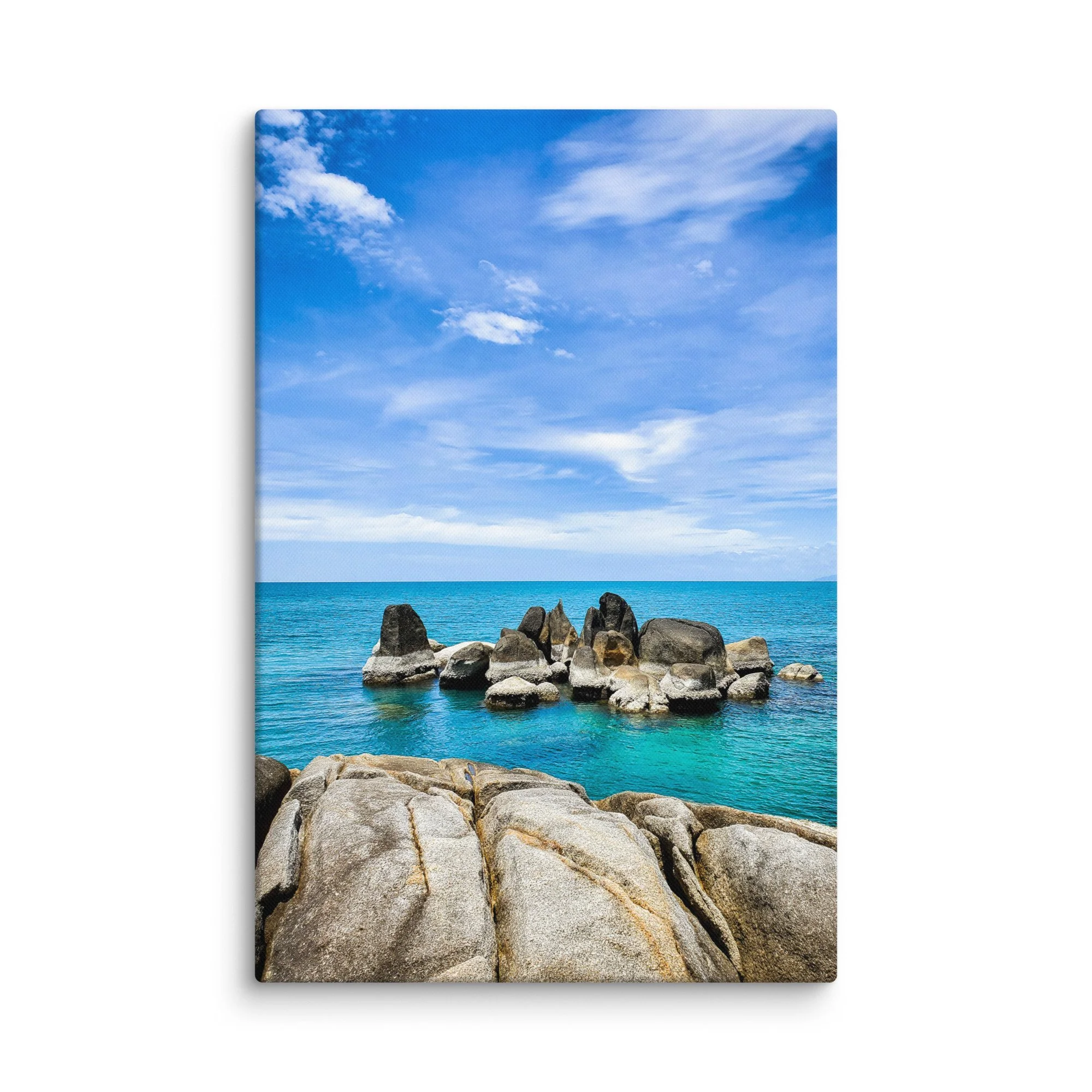 Dramatic Thailand rocky beach with smooth granite boulders, turquoise sea and blue cloudy sky – tropical travel photography canvas print wall art decor