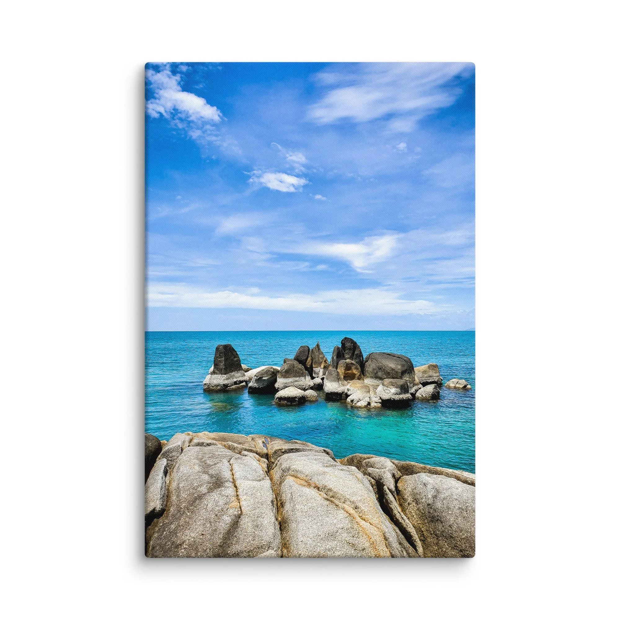 Dramatic Thailand rocky beach with smooth granite boulders, turquoise sea and blue cloudy sky – tropical travel photography canvas print wall art decor