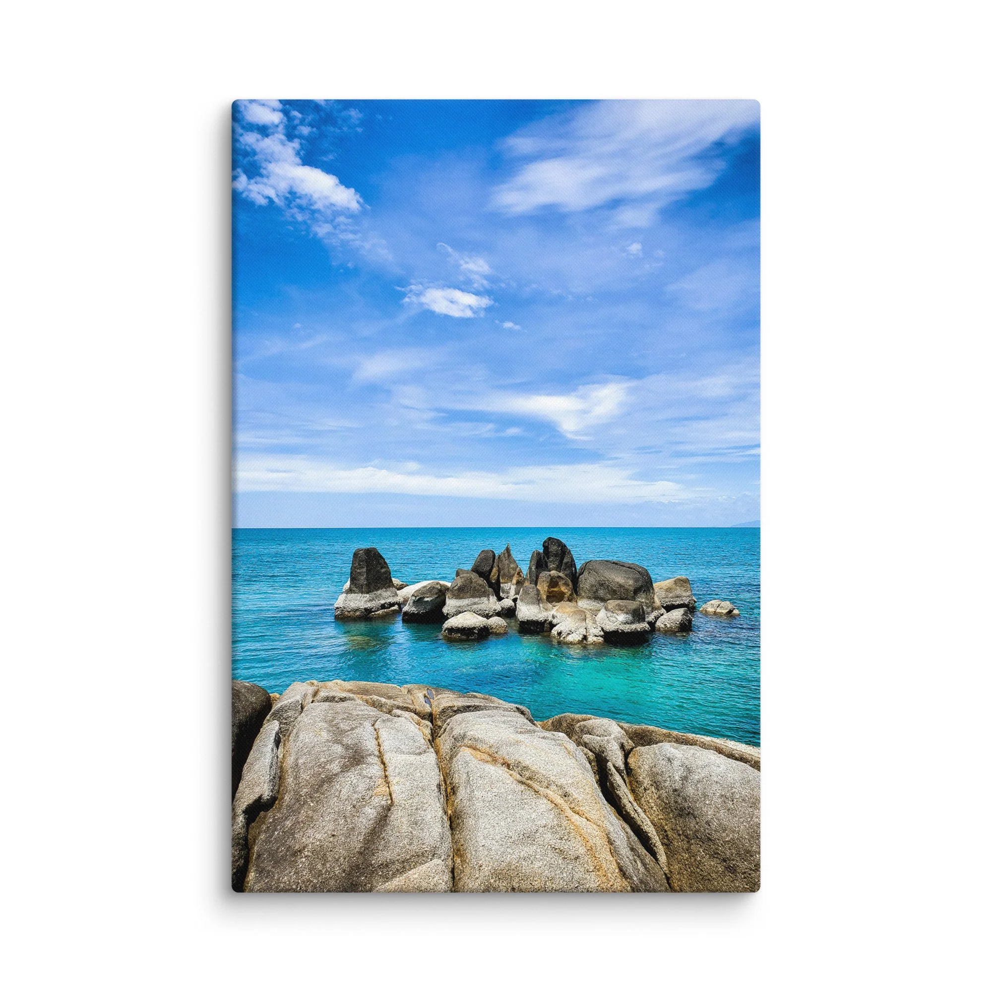 Dramatic Thailand rocky beach with smooth granite boulders, turquoise sea and blue cloudy sky – tropical travel photography canvas print wall art decor