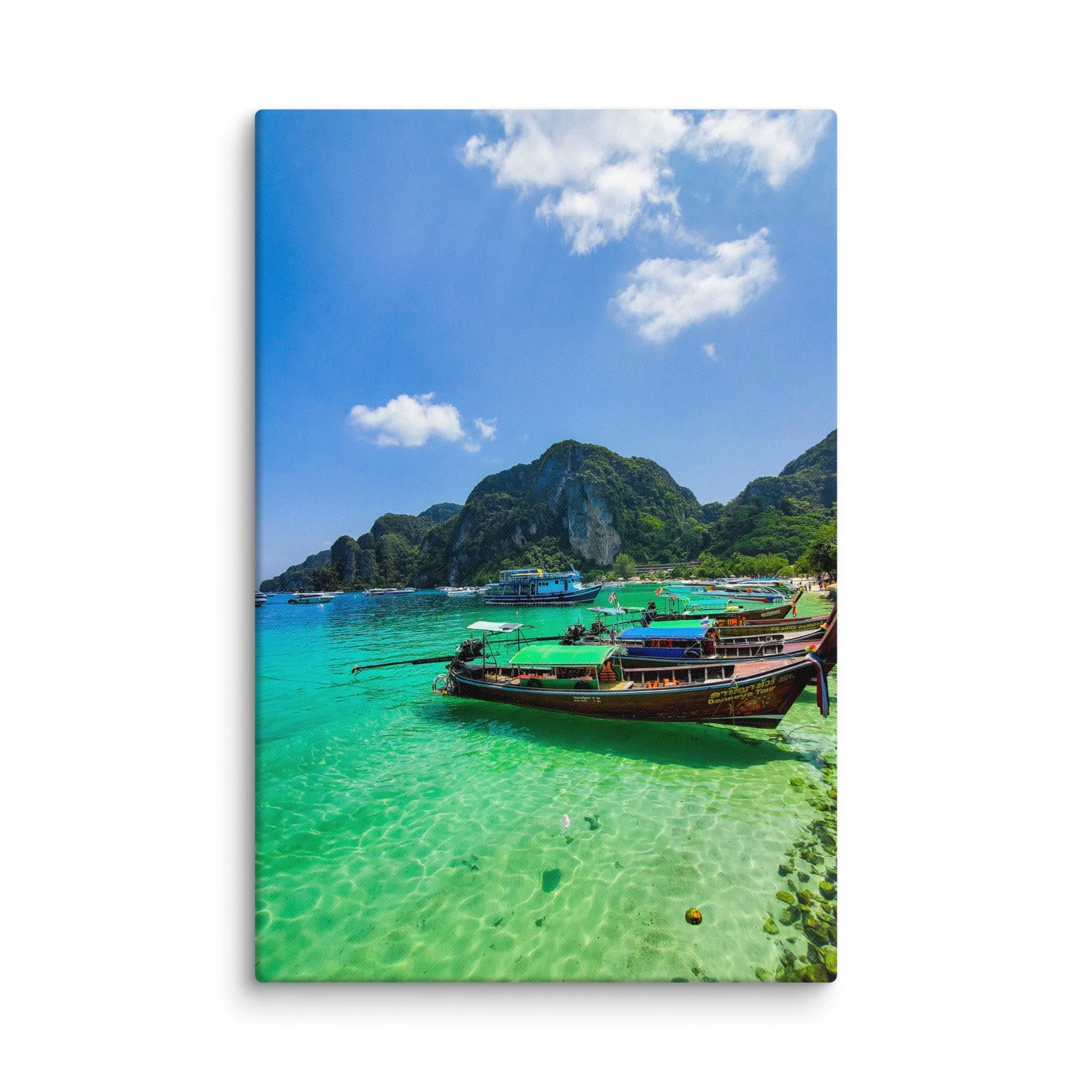 Vibrant Phi Phi Islands beach with colorful longtail boats in turquoise water, limestone cliffs and blue sky – Thailand tropical travel photography canvas print wall art decor