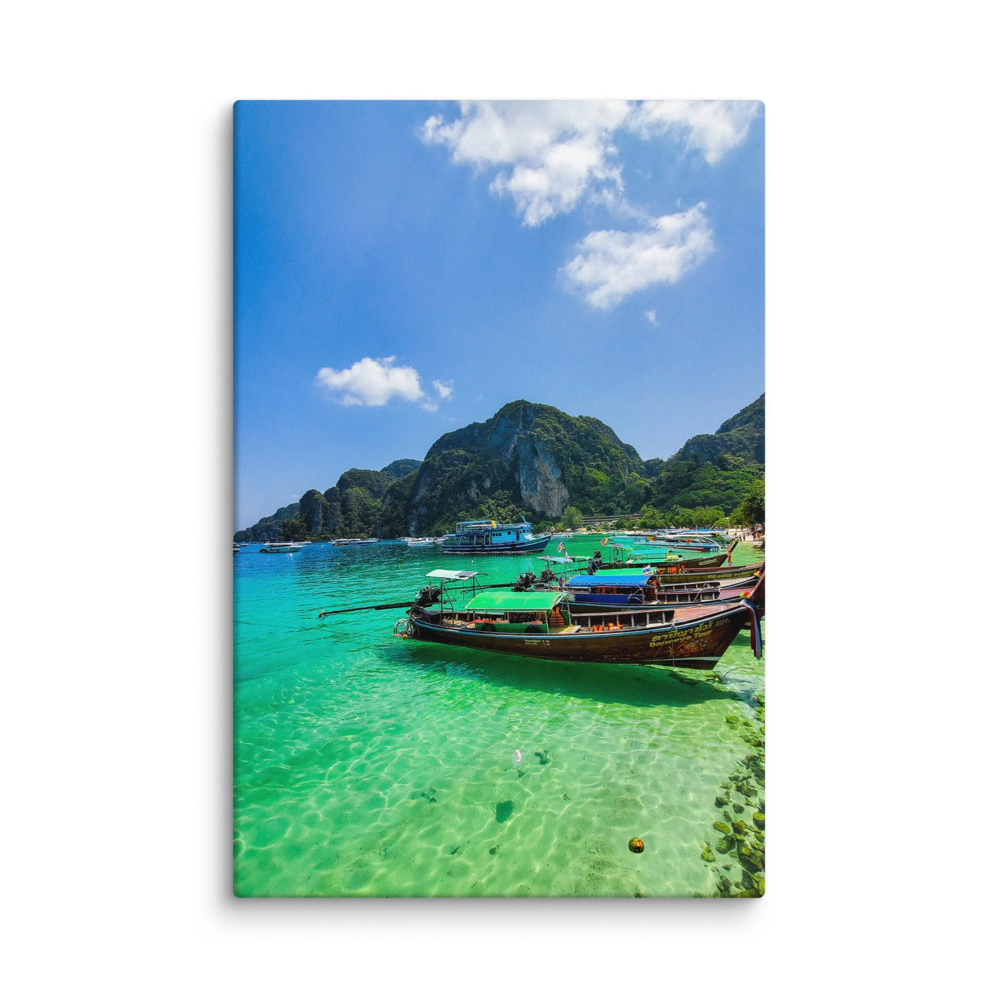 Vibrant Phi Phi Islands beach with colorful longtail boats in turquoise water, limestone cliffs and blue sky – Thailand tropical travel photography canvas print wall art decor